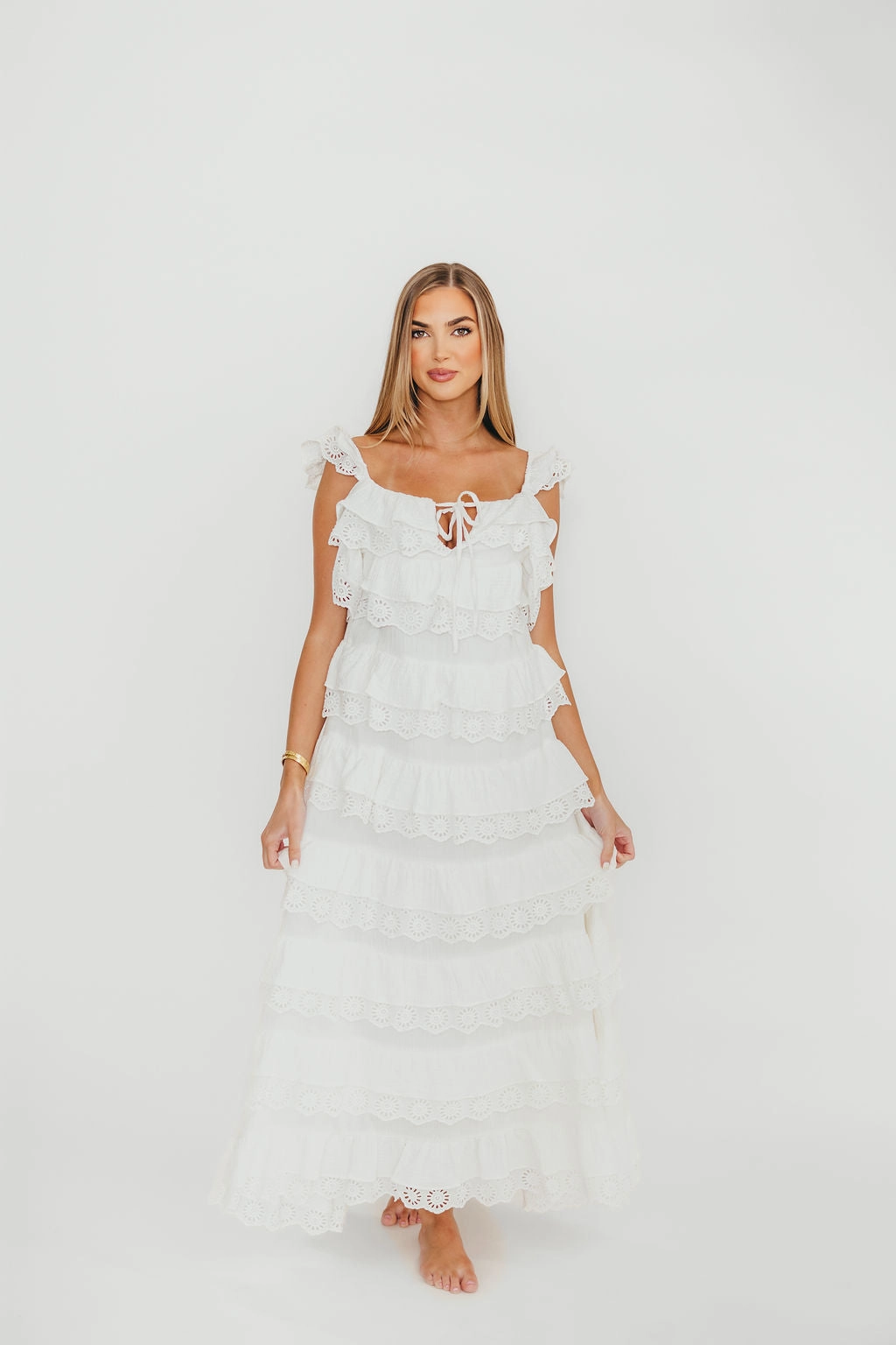 Mikayla 100% Cotton Lace and Gauze Contrast Tiered Maxi Dress in Off-White *Final-Sale* Subtle-Print