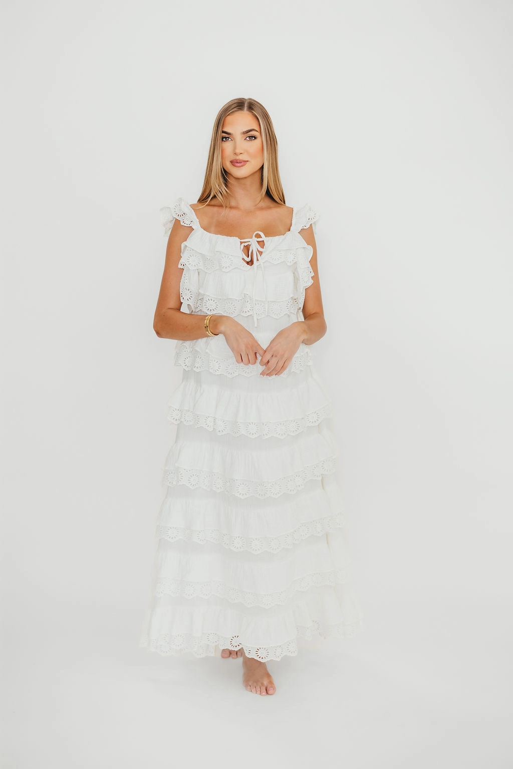 Mikayla 100% Cotton Lace and Gauze Contrast Tiered Maxi Dress in Off-White *Final-Sale* Casual Comfort All-day style
