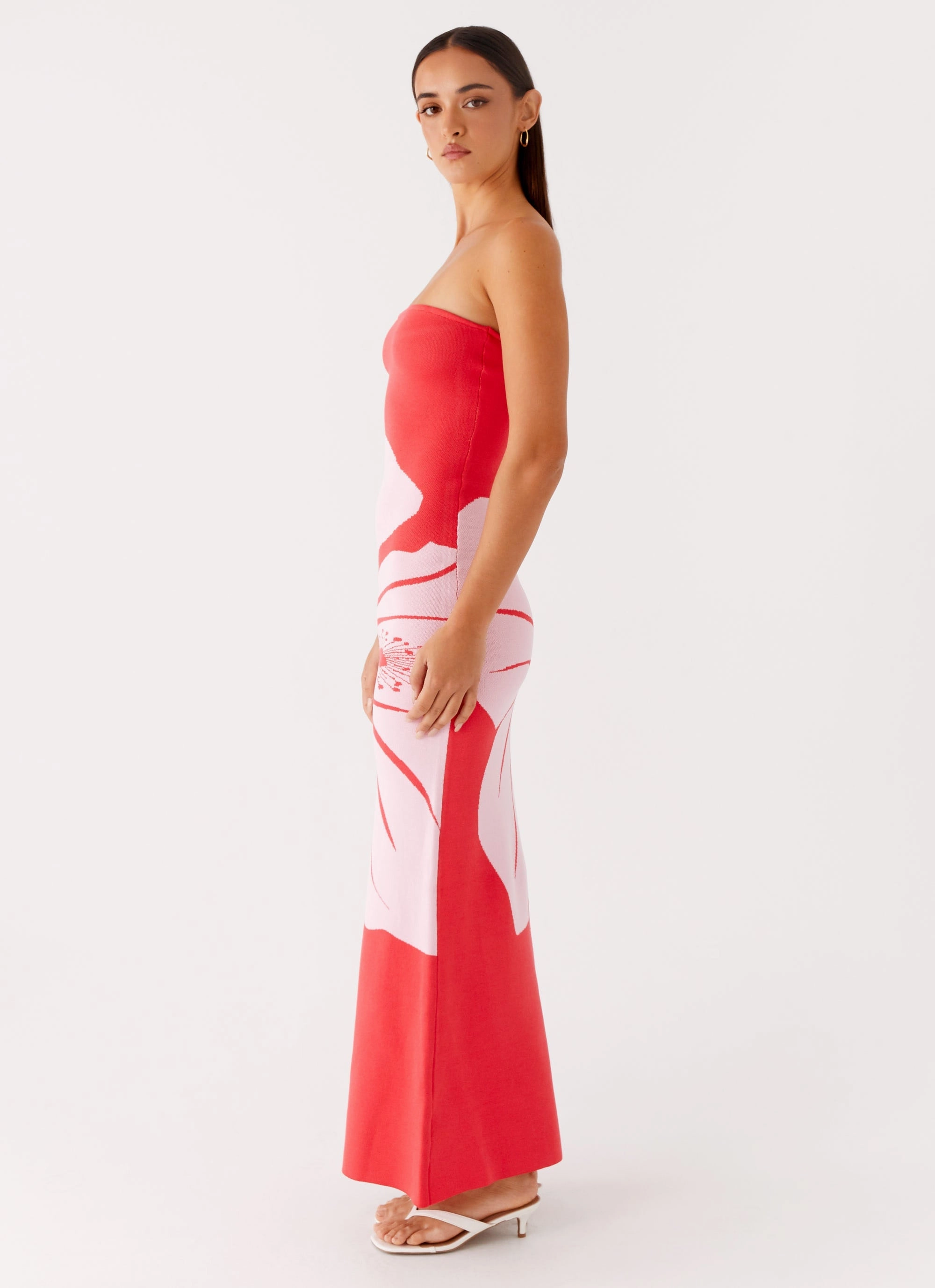 Jala Strapless Knit Maxi Dress - Red Floral Feminine Design Jewel-Tone
