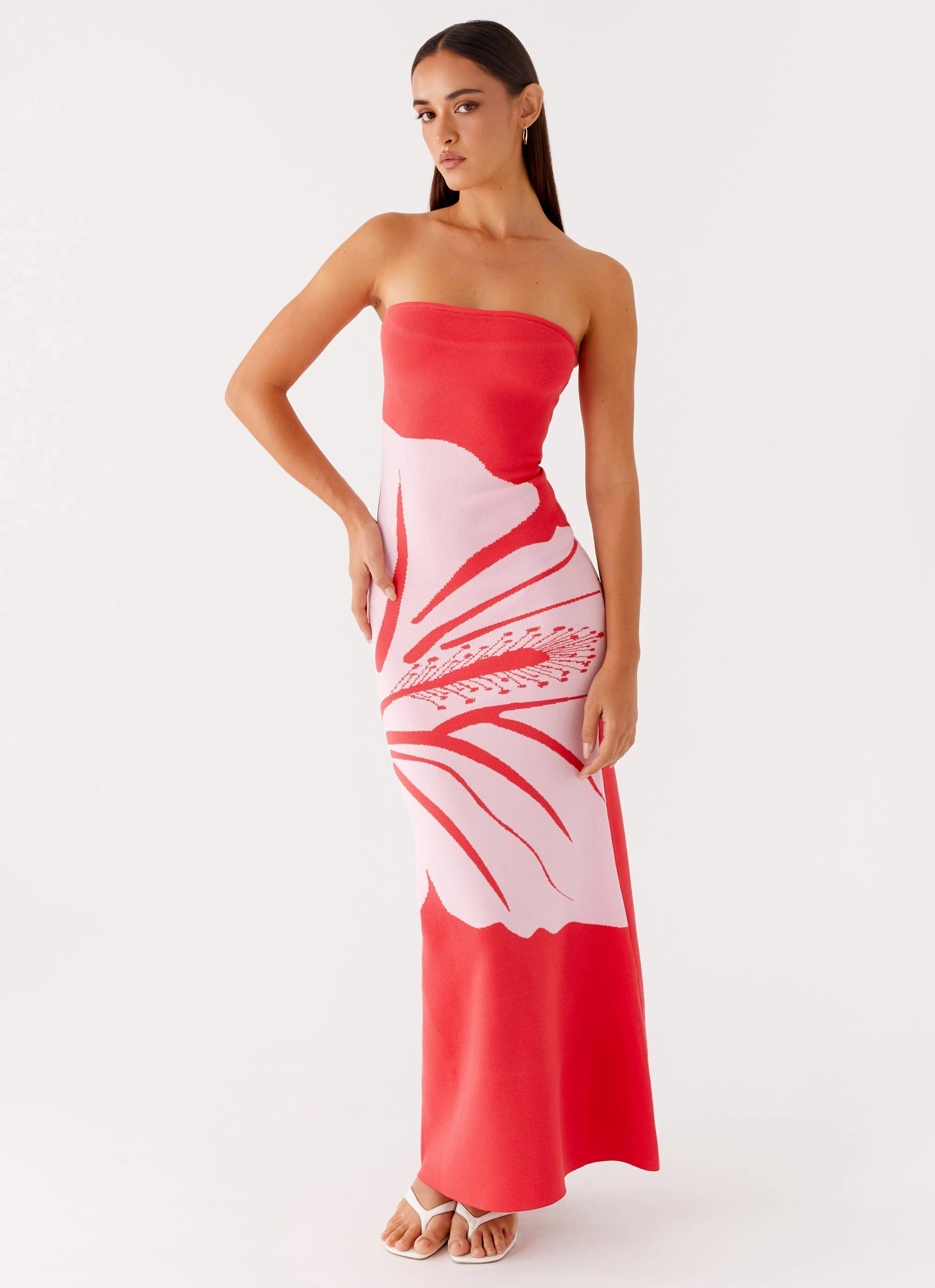 Elegant Finish Everyday Piece Jala Strapless Knit Maxi Dress - Red Floral