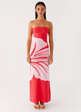 Jala Strapless Knit Maxi Dress - Red Floral Texture Blend