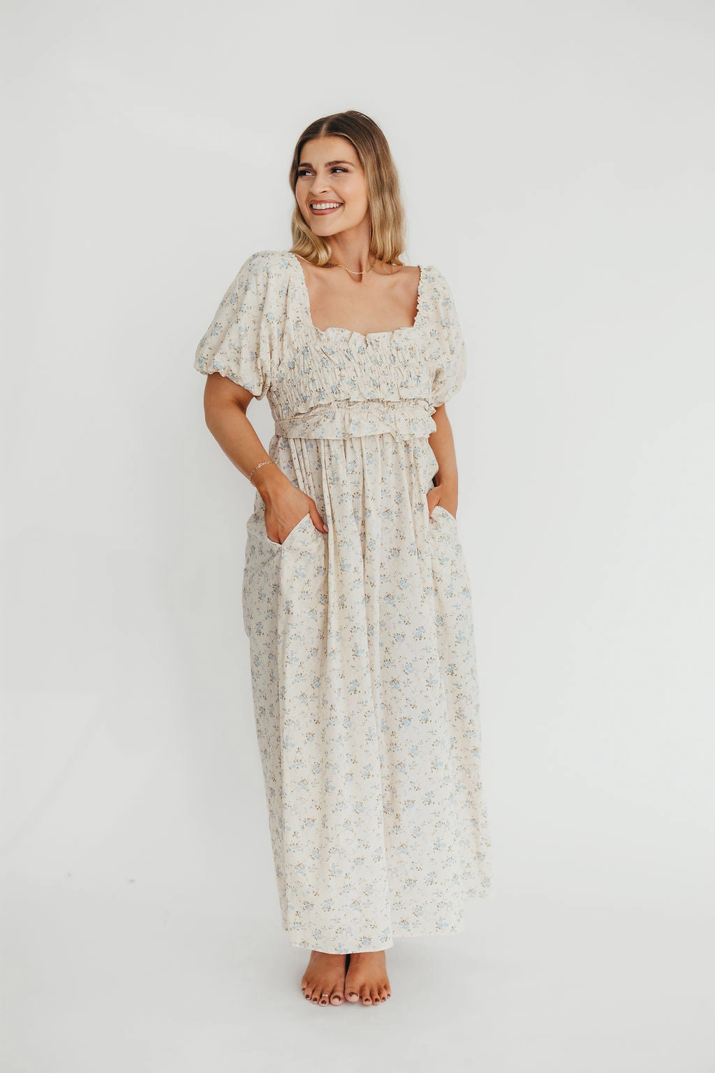 Finley 100% Cotton Peplum Midi Dress in Ivory/Blue - Bump & Nursing Friendly Celebrity-Inspired Satin-Sleeve