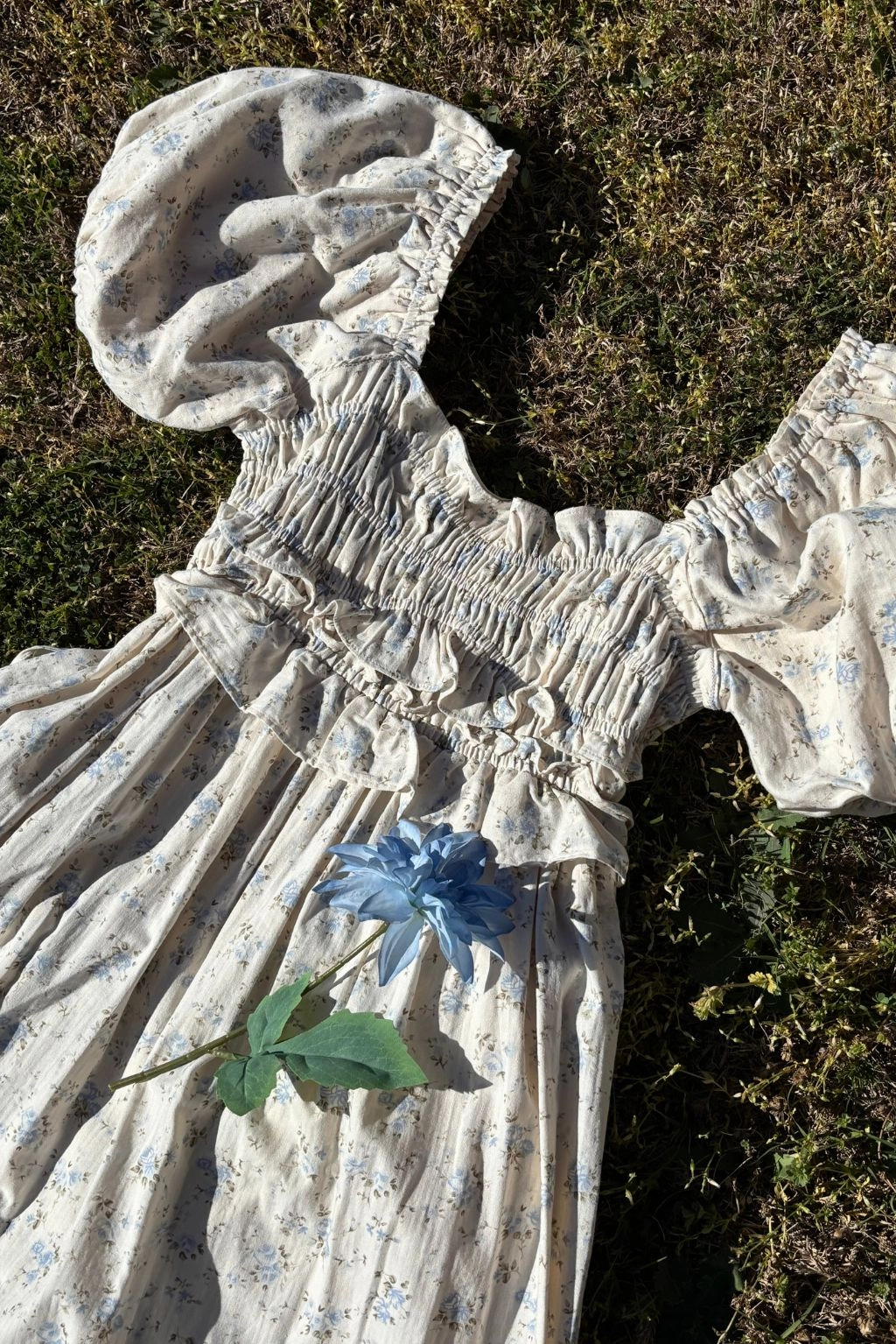 Finley 100% Cotton Peplum Midi Dress in Ivory/Blue - Bump & Nursing Friendly Soft Cut