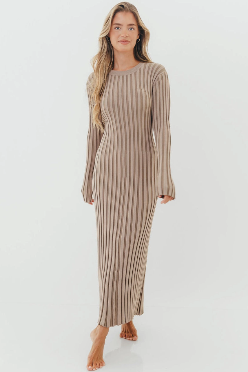 Satin-Sleeve Sophisticated Line Colette Premium Long Sleeved Ribbed Knit Maxi Dress in Stone - Bump Friendly