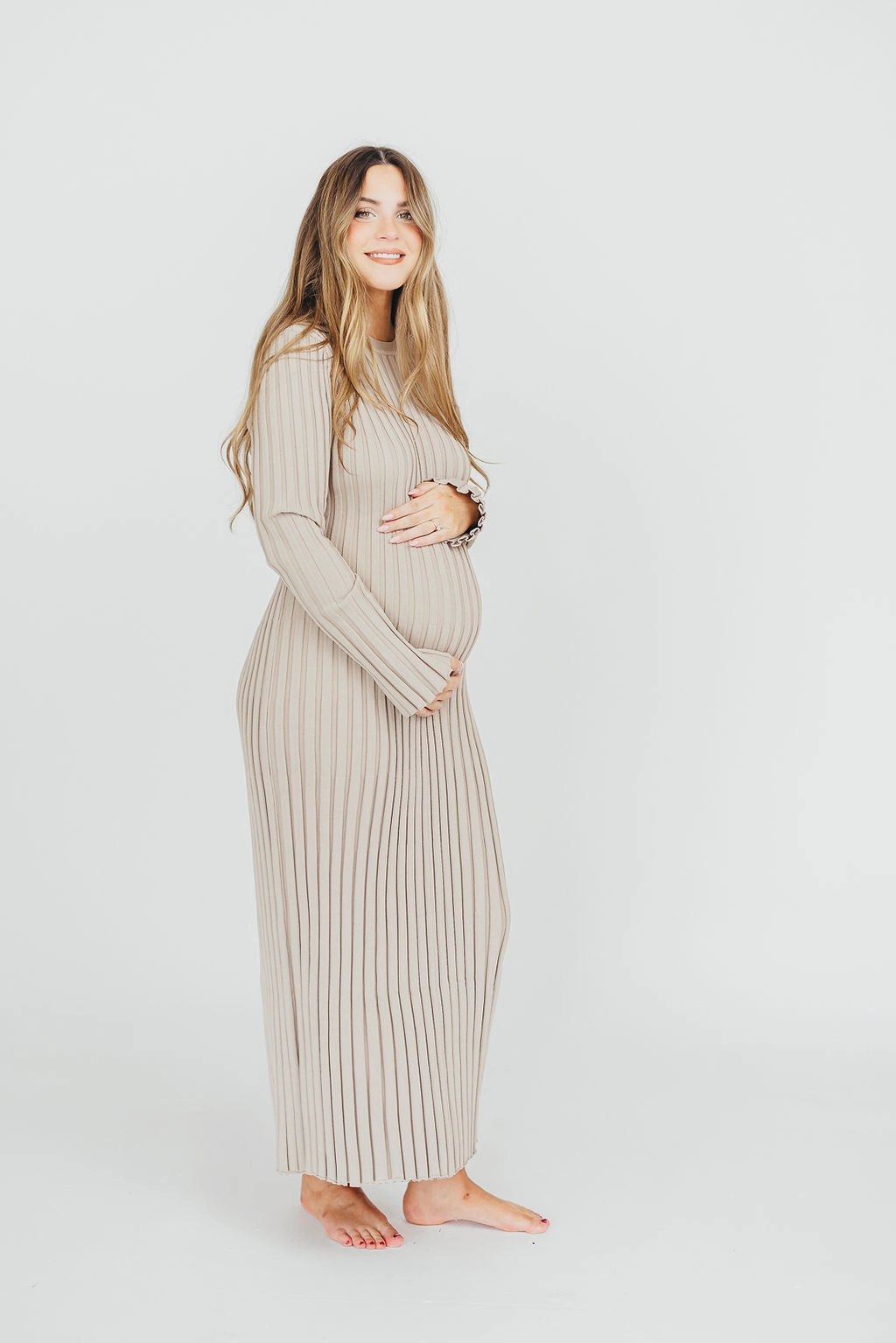 Colette Premium Long Sleeved Ribbed Knit Maxi Dress in Stone - Bump Friendly FoldablePackaging