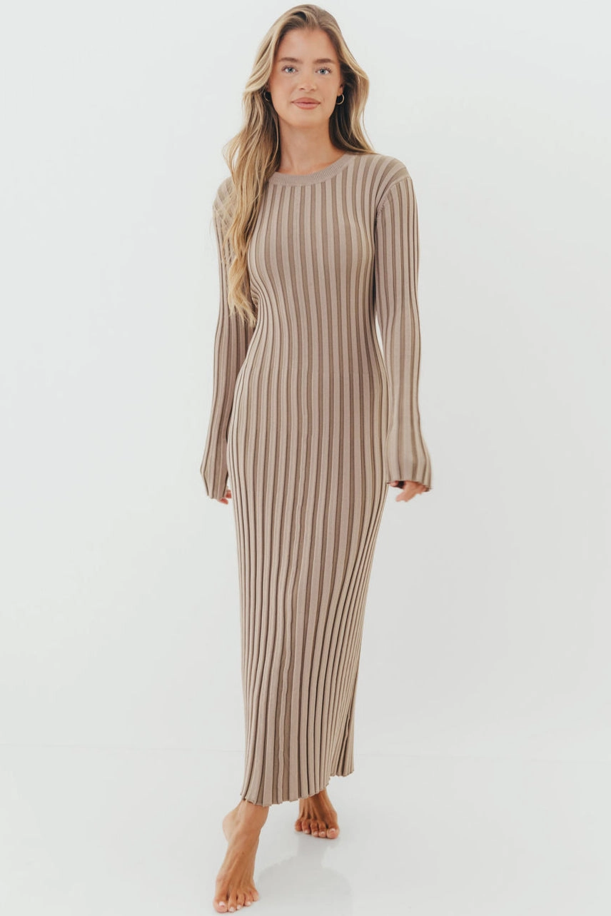 Colette Premium Long Sleeved Ribbed Knit Maxi Dress in Stone - Bump Friendly Soft Balance Fashionable Wear