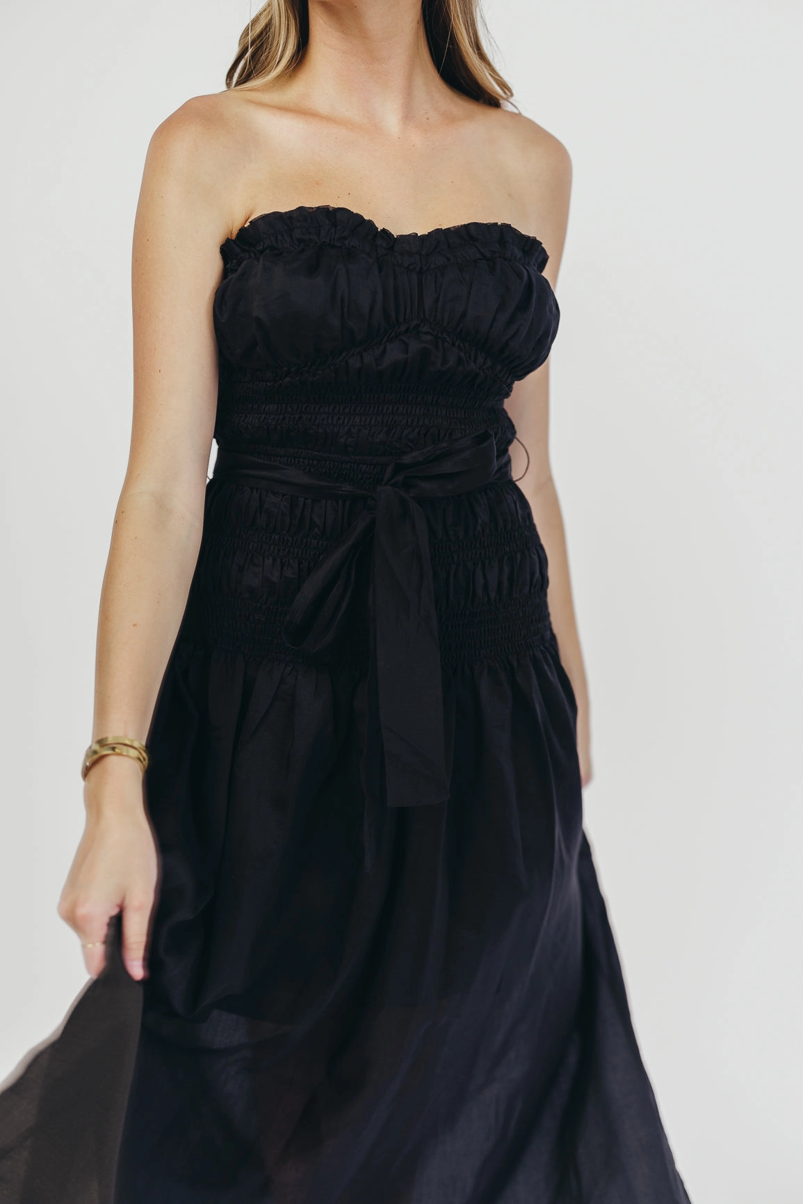 Devin Strapless Midi Dress with Sash in Black Rose Flush Layered Fit