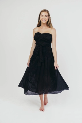 Devin Strapless Midi Dress with Sash in Black Calm Finish All-Day Fit