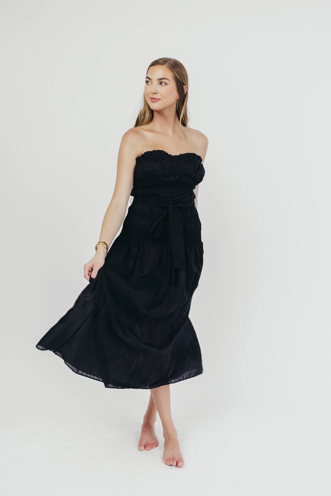Sleek Texture Devin Strapless Midi Dress with Sash in Black