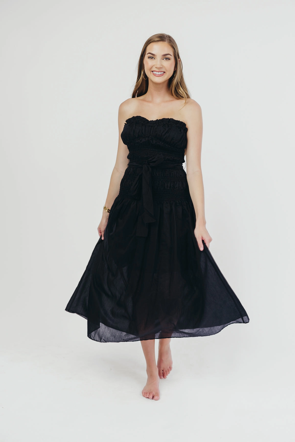 Comfort and Elegance Devin Strapless Midi Dress with Sash in Black
