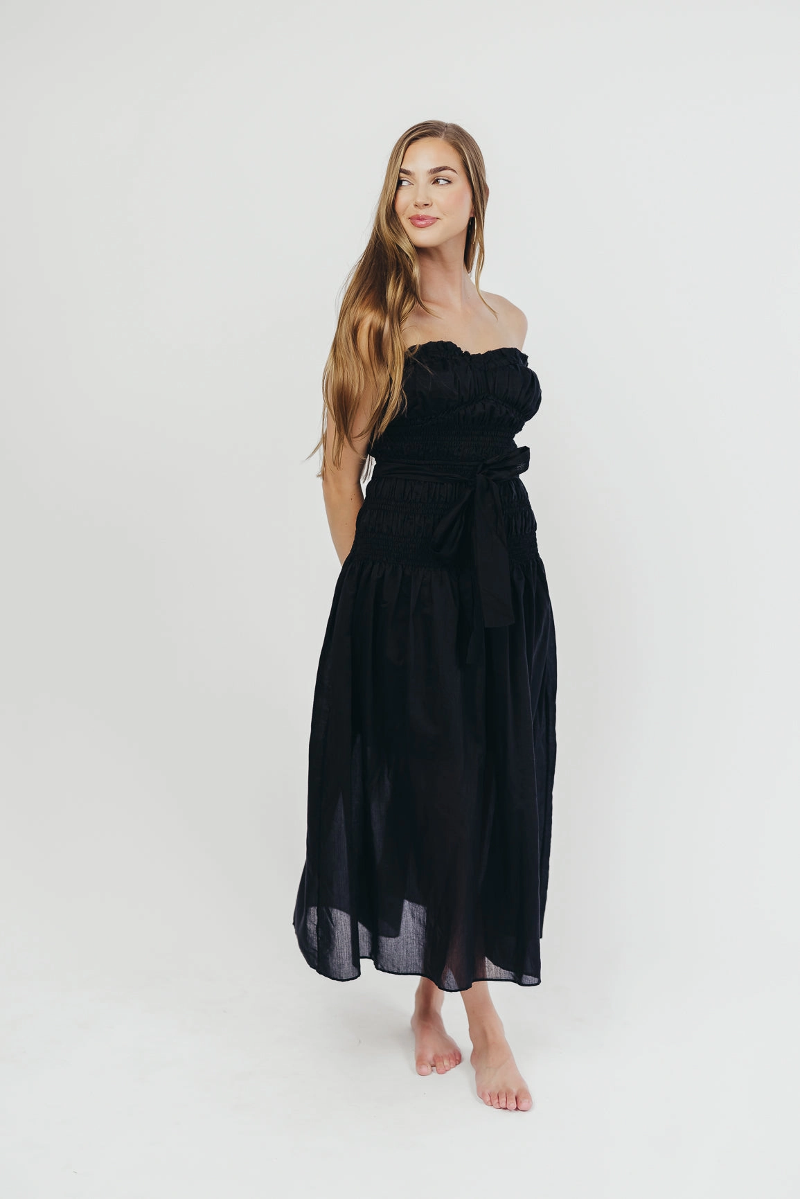 Shore Time Devin Strapless Midi Dress with Sash in Black