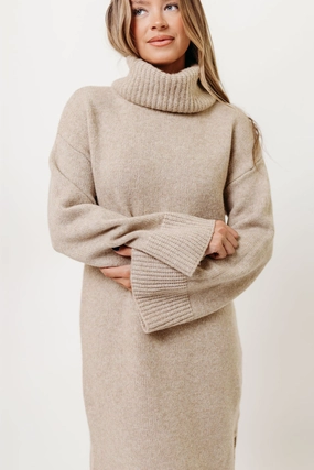 Comfortable and Chic Dreamy Silhouette Melissa Cowl-Neck Sweater Midi Dress in Sand