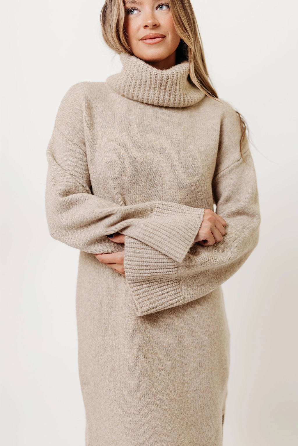 Comfortable and Chic Dreamy Silhouette Melissa Cowl-Neck Sweater Midi Dress in Sand