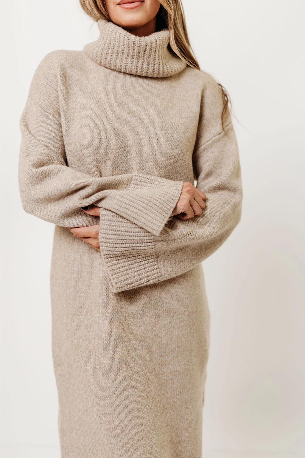 Melissa Cowl-Neck Sweater Midi Dress in Sand Statement Mood