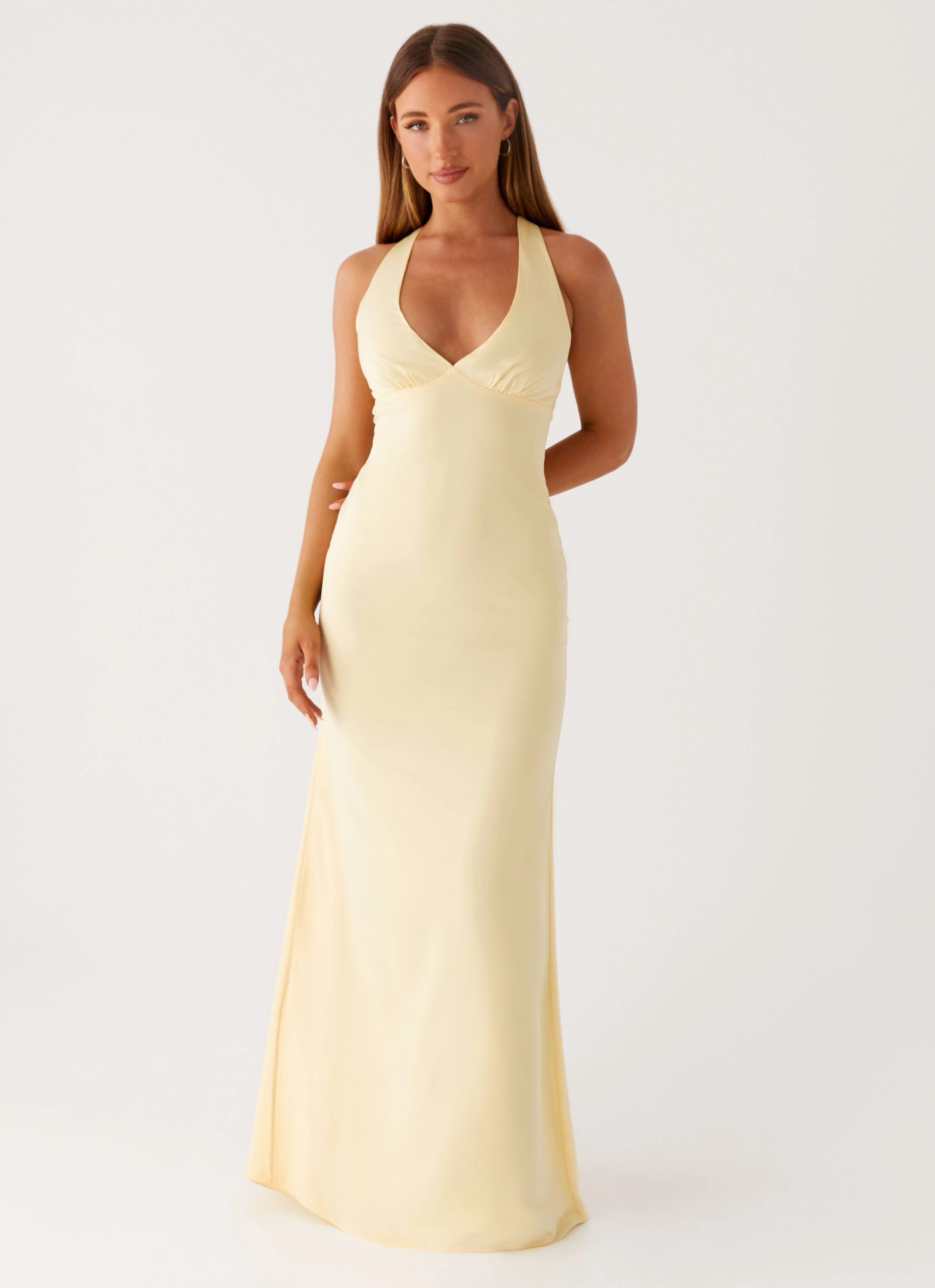 Cool Finish Lightweight Fabric Desi Halterneck Maxi Dress - Yellow