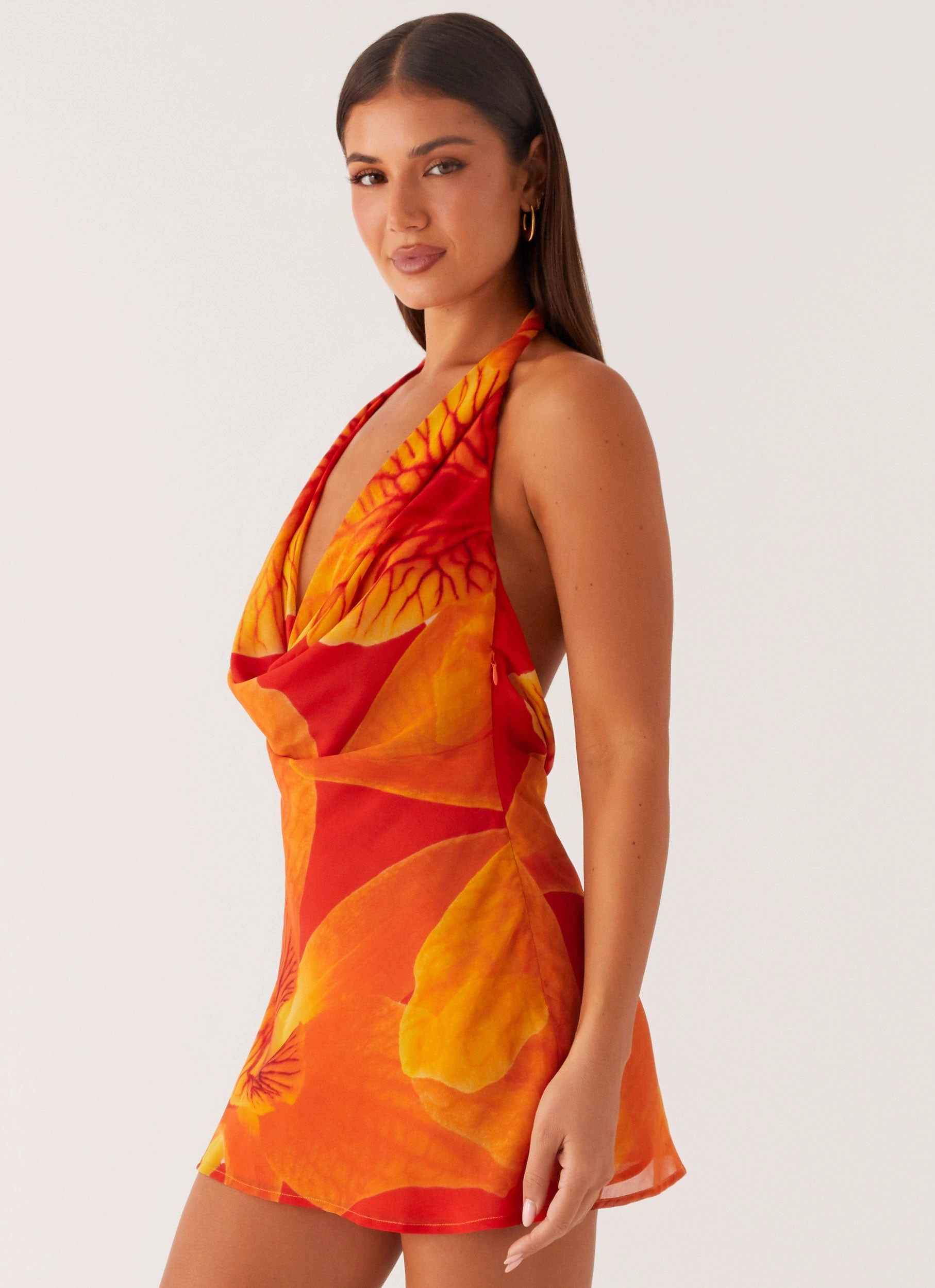 Feminine Details Flattering Comfort Wear Solar Beam Cowl Mini Dress - Serene Orange