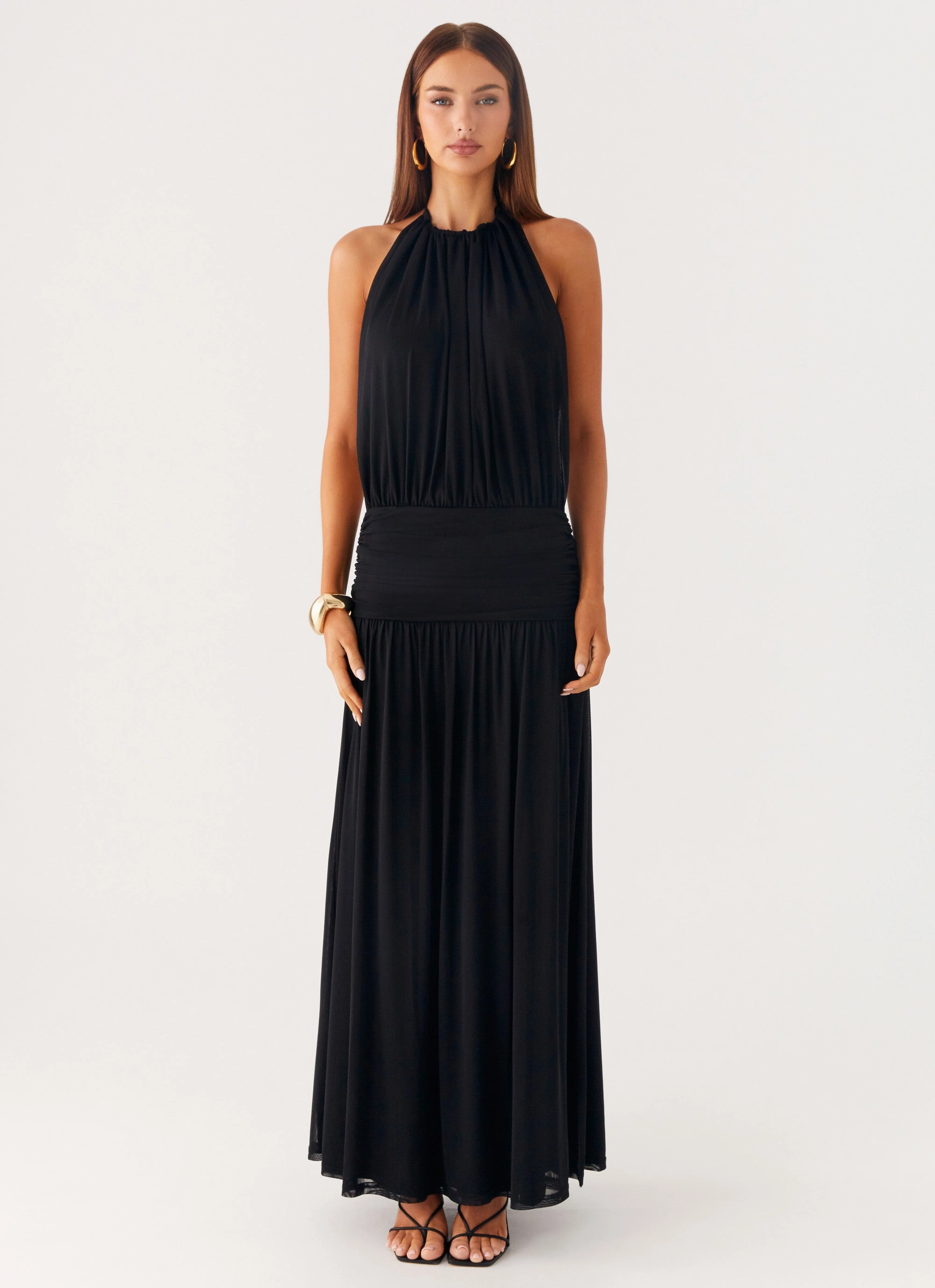 Solena Halter Neck Maxi Dress - Black Earth-Tone Cold-Shoulder