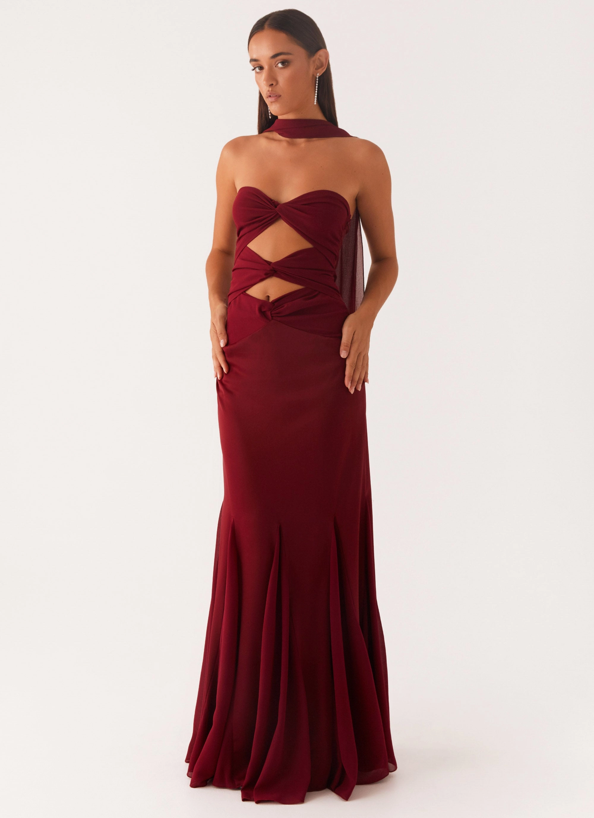 Walk Grace Timeless elegance Melrose Satin Chiffon Maxi Dress - Deep Red