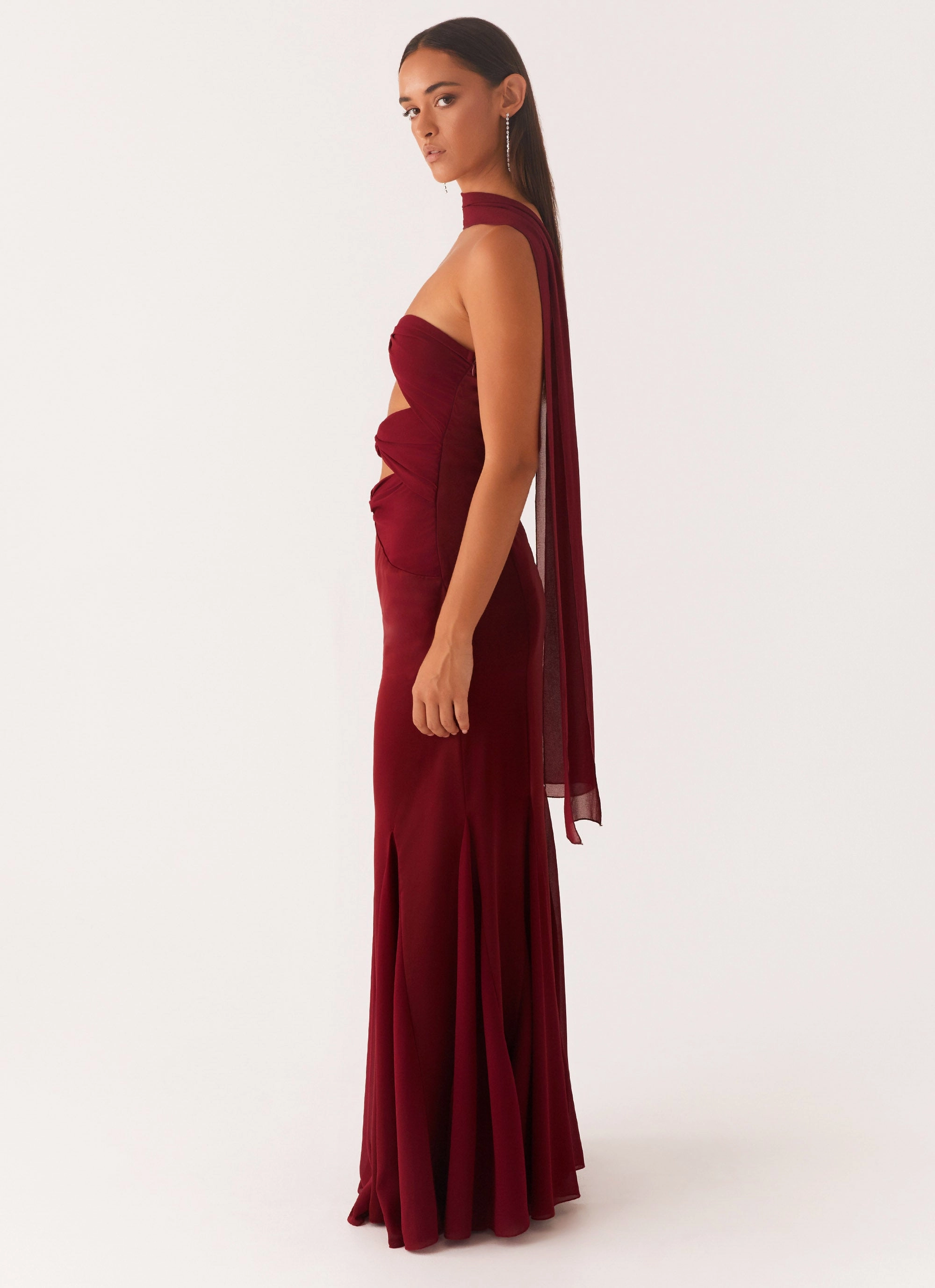 Crystal-Detail Melrose Satin Chiffon Maxi Dress - Deep Red