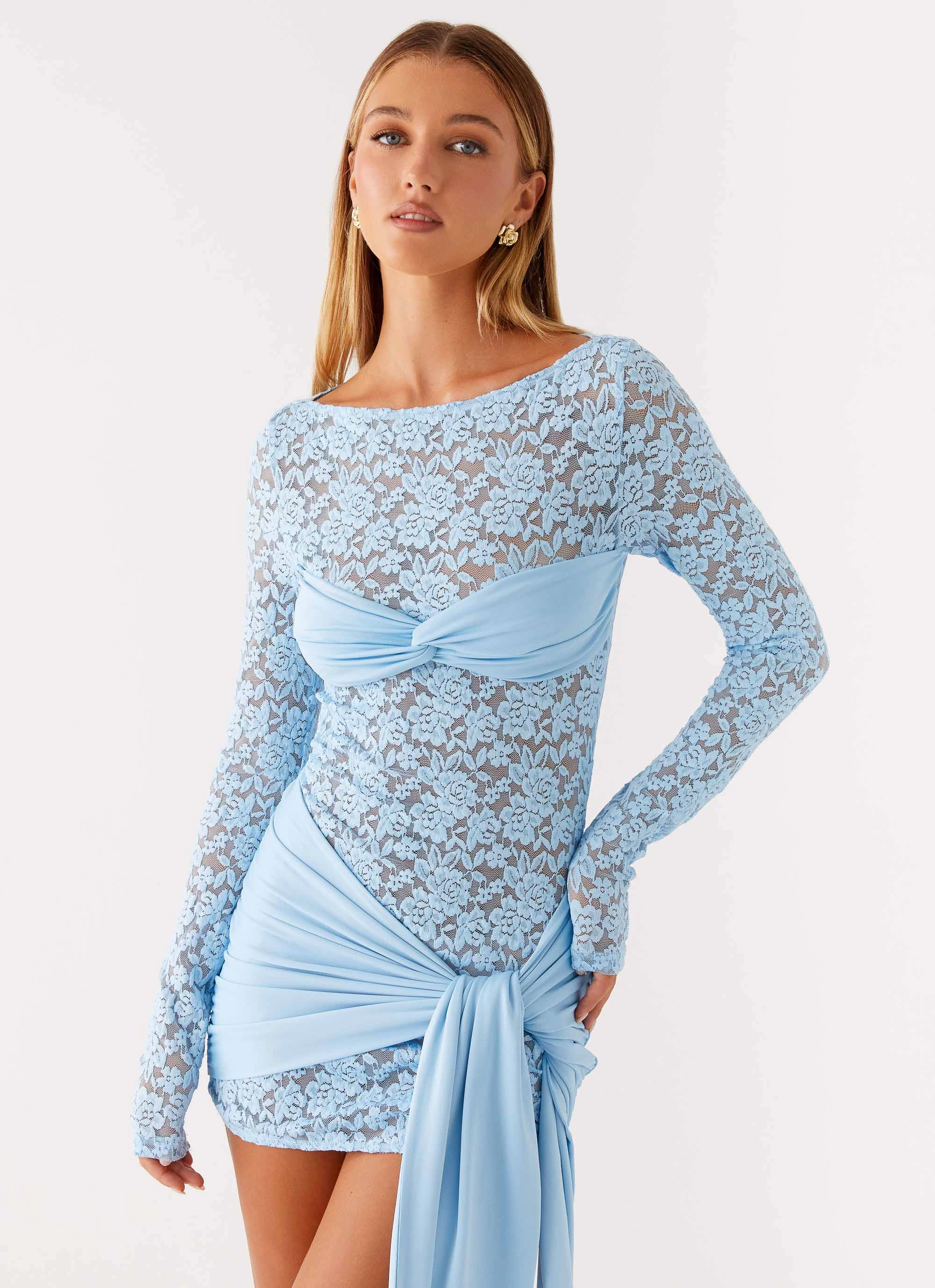 High-Neck Consie Long Sleeve Mini Dress - Pale Blue