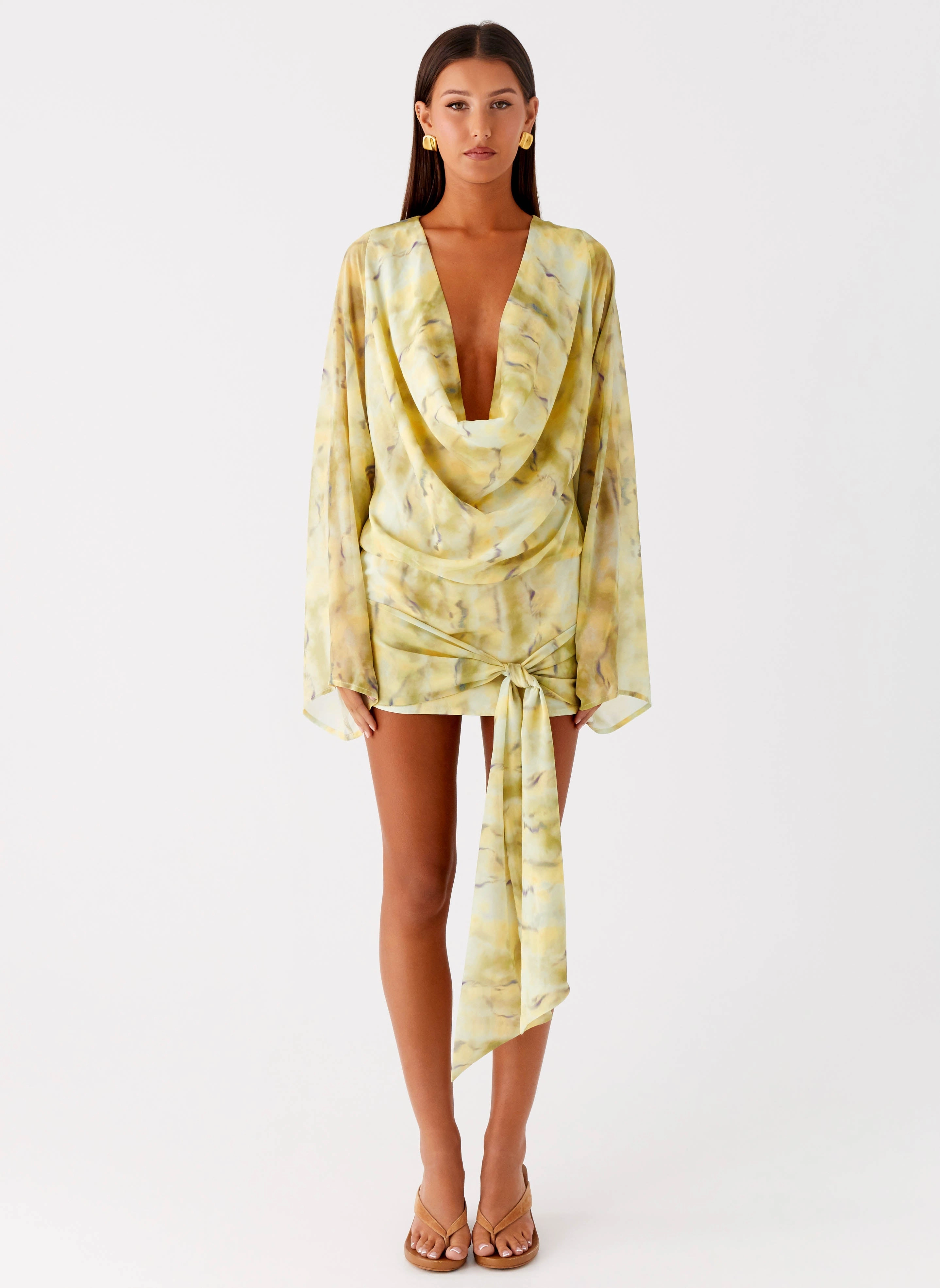 Sorrel Long Sleeve Mini Dress - Yellow Tie Dye Asymmetrical hem Statement-Buttons