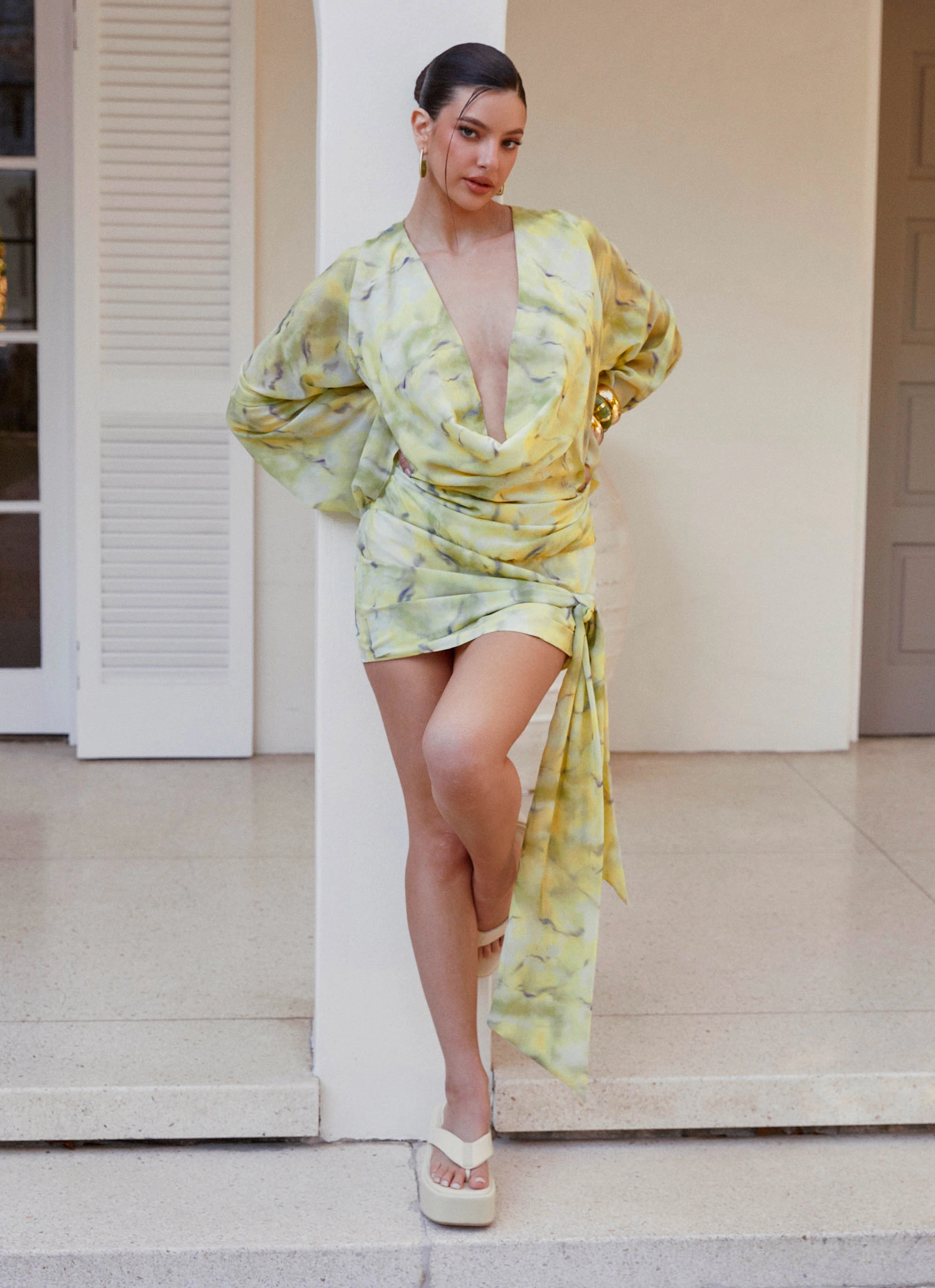 Love Glow Sorrel Long Sleeve Mini Dress - Yellow Tie Dye