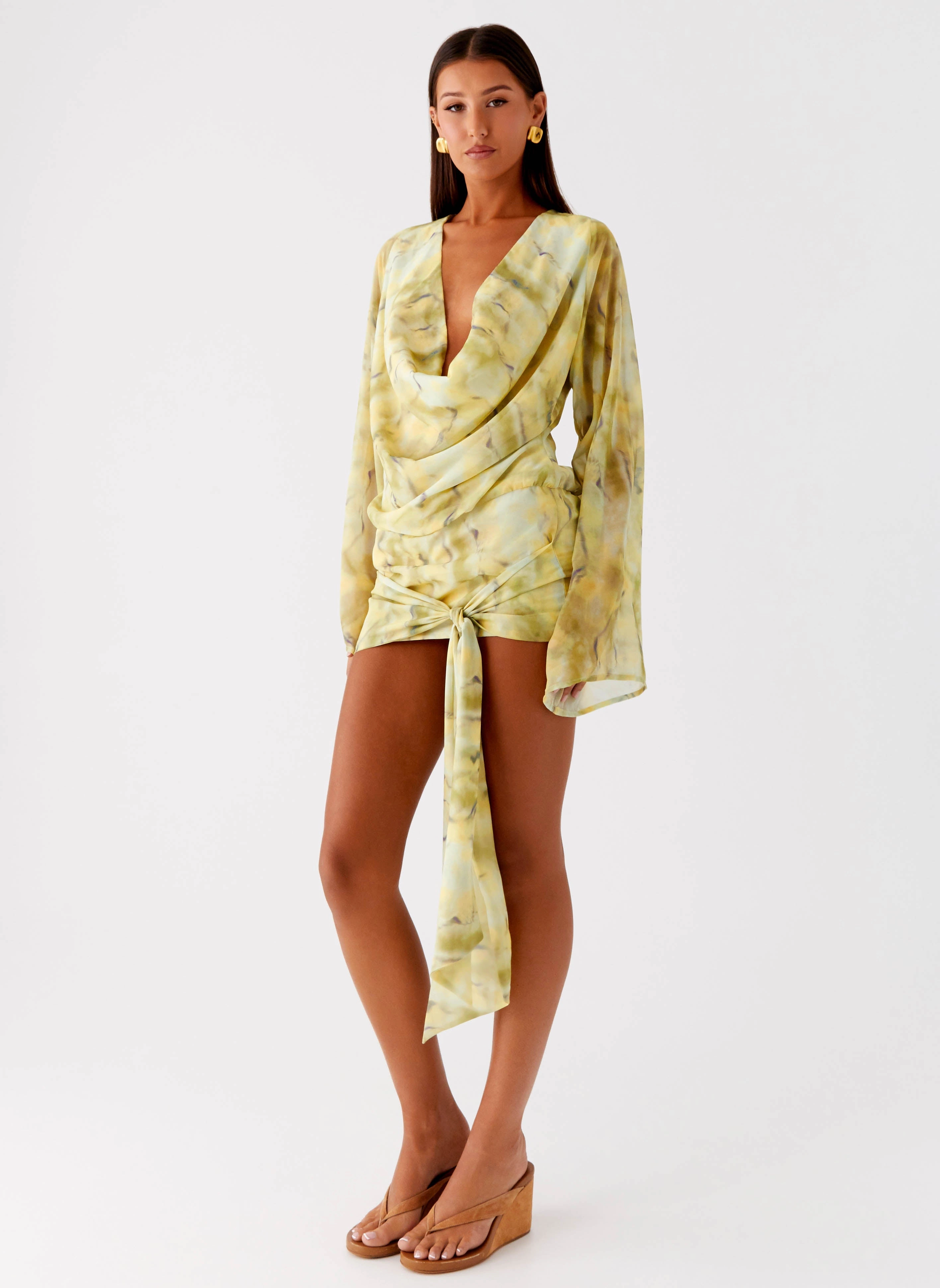 Night Ready Daily Option Sorrel Long Sleeve Mini Dress - Yellow Tie Dye