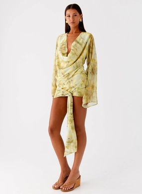 Night Ready Daily Option Sorrel Long Sleeve Mini Dress - Yellow Tie Dye