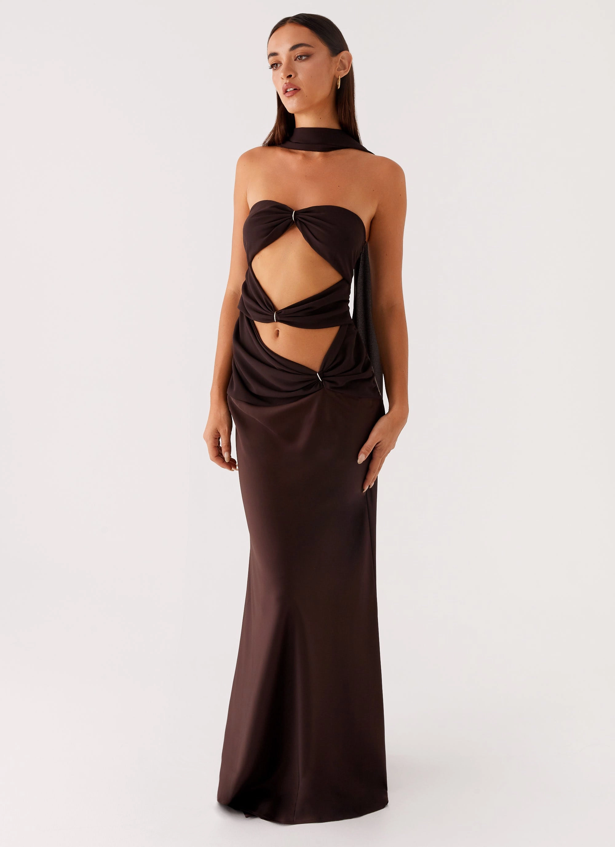 BiasCutSilhouette Minimal Tone Alaine Scarf Maxi Dress - Dark Chocolate
