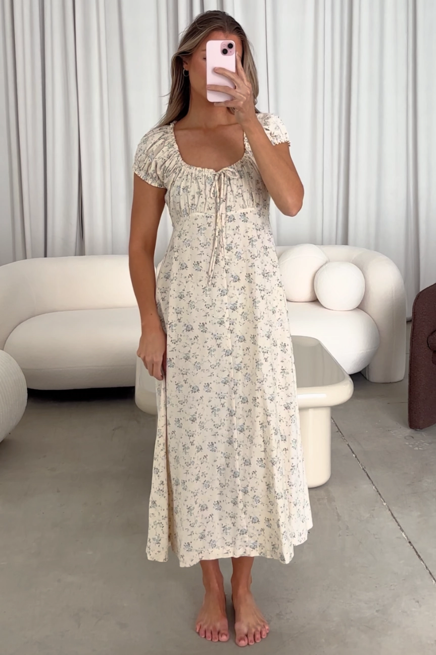 Floral Pattern Marley 100% Cotton Midi Dress in Ivory/Blue Floral -Bump Friendly