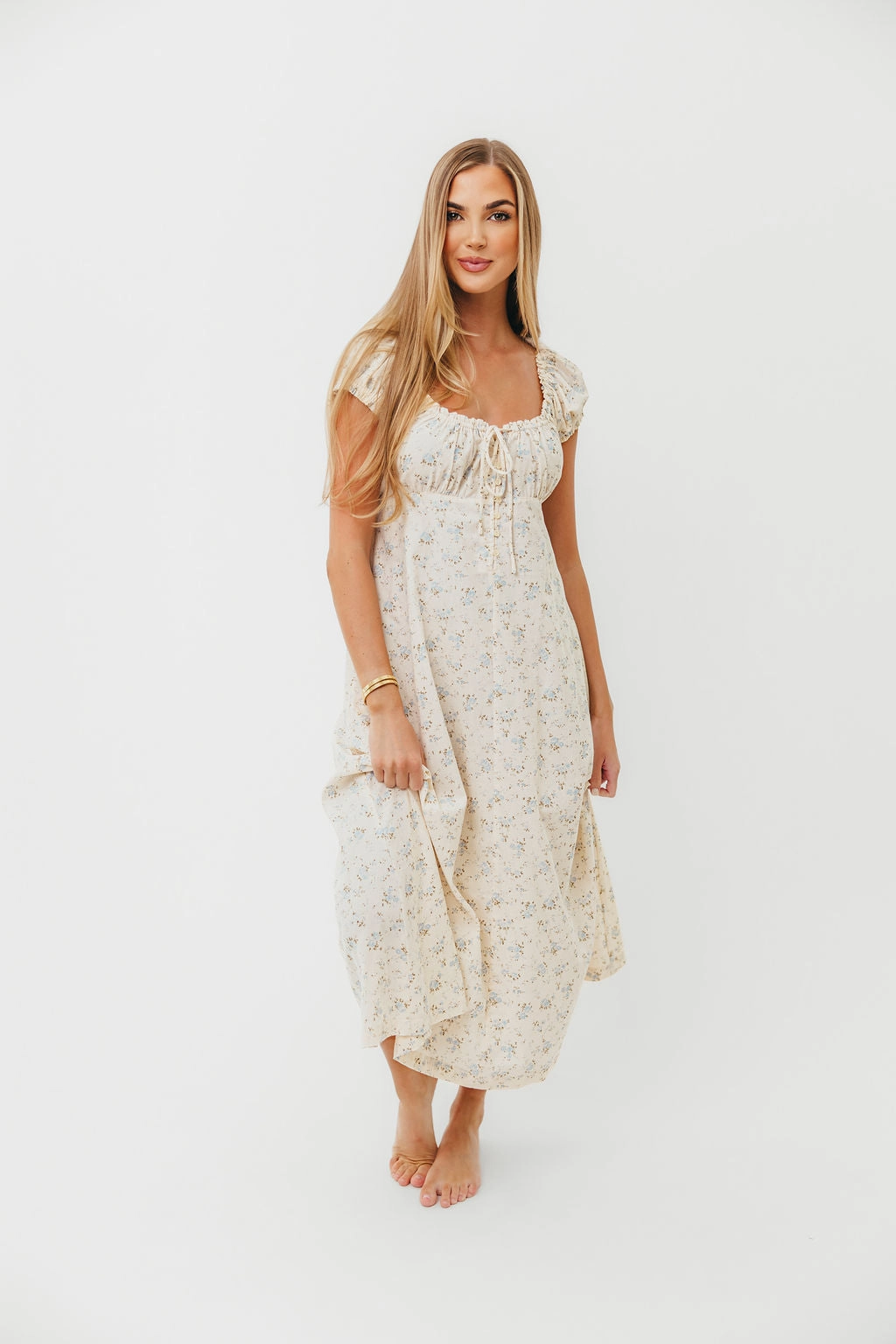 Trendy Appeal Day Romance Marley 100% Cotton Midi Dress in Ivory/Blue Floral -Bump Friendly