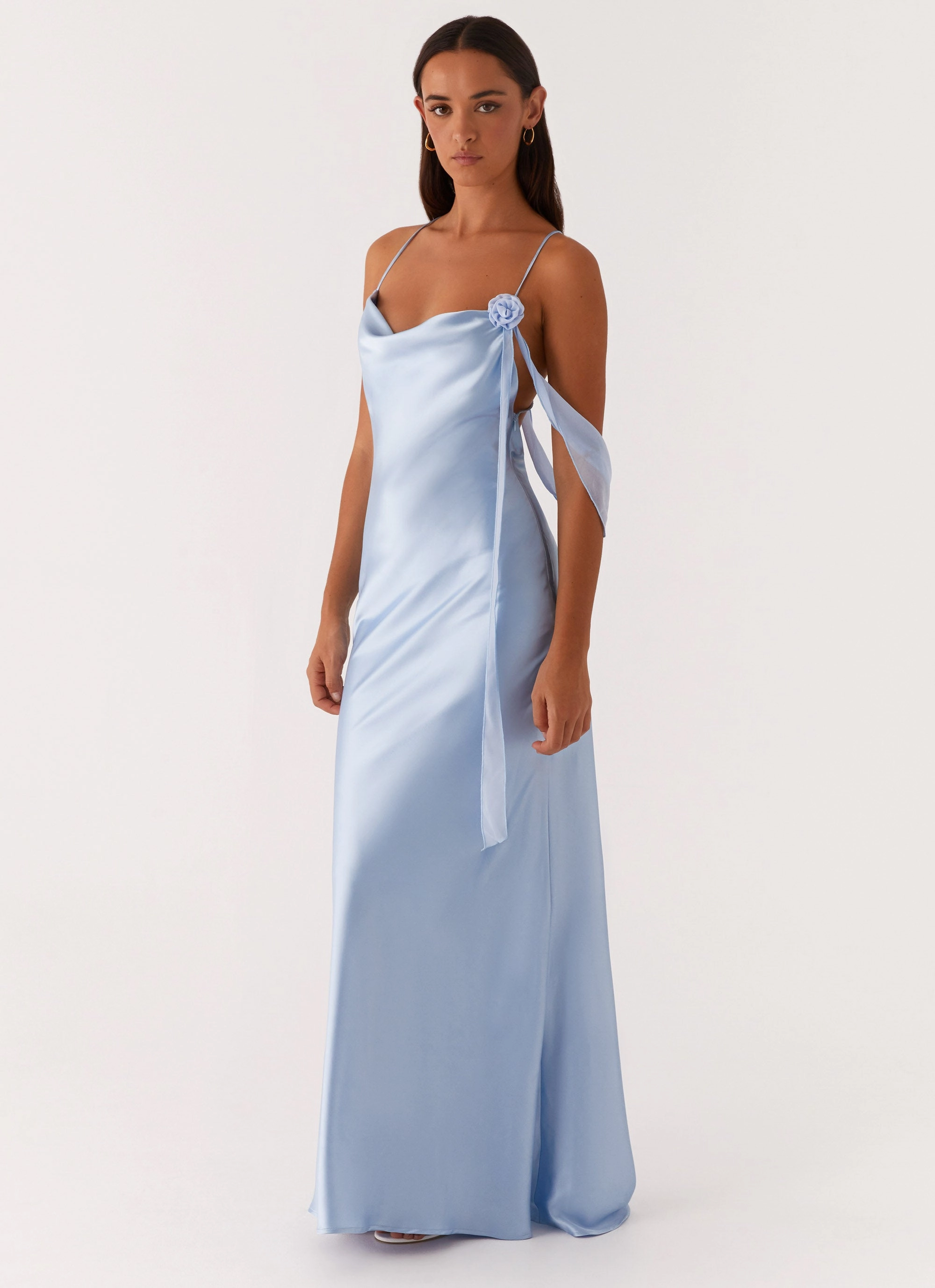 Bold Simplicity Sleeve Light Too Sweet Satin Maxi Dress - Blue