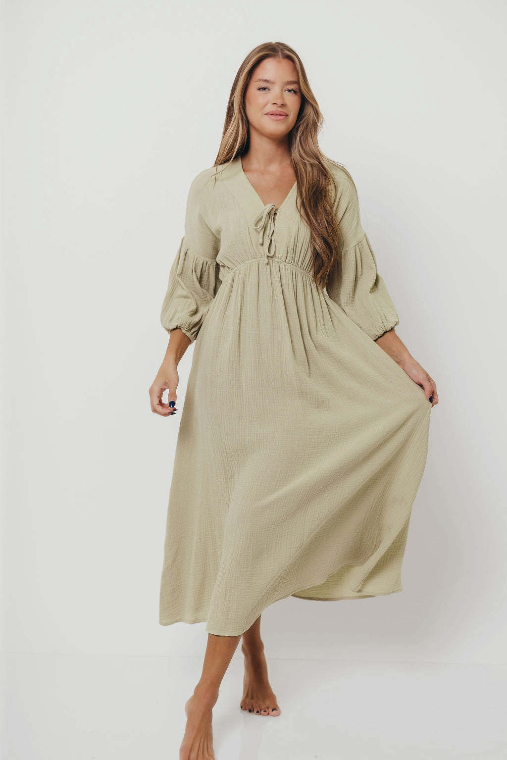 Spring Flow Versatile dress for layering Hunter 100% Cotton Gauze Midi Dress in Thyme - Bump Friendly and Inclusive Sizing *9/22 PRE-ORDER*