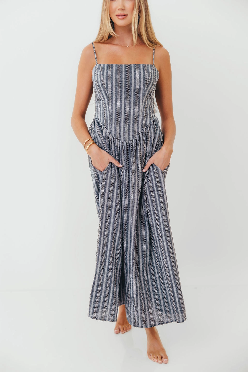 Nantucket 100% Cotton Midi Dress in Harborline Neutral palette Smooth Wear