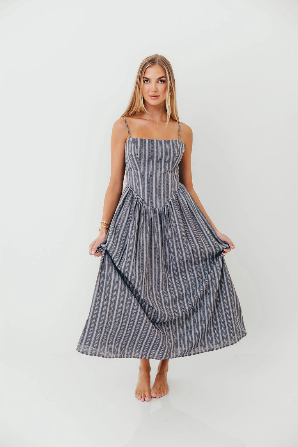 Classic Vibe Daytime Mood Nantucket 100% Cotton Midi Dress in Harborline