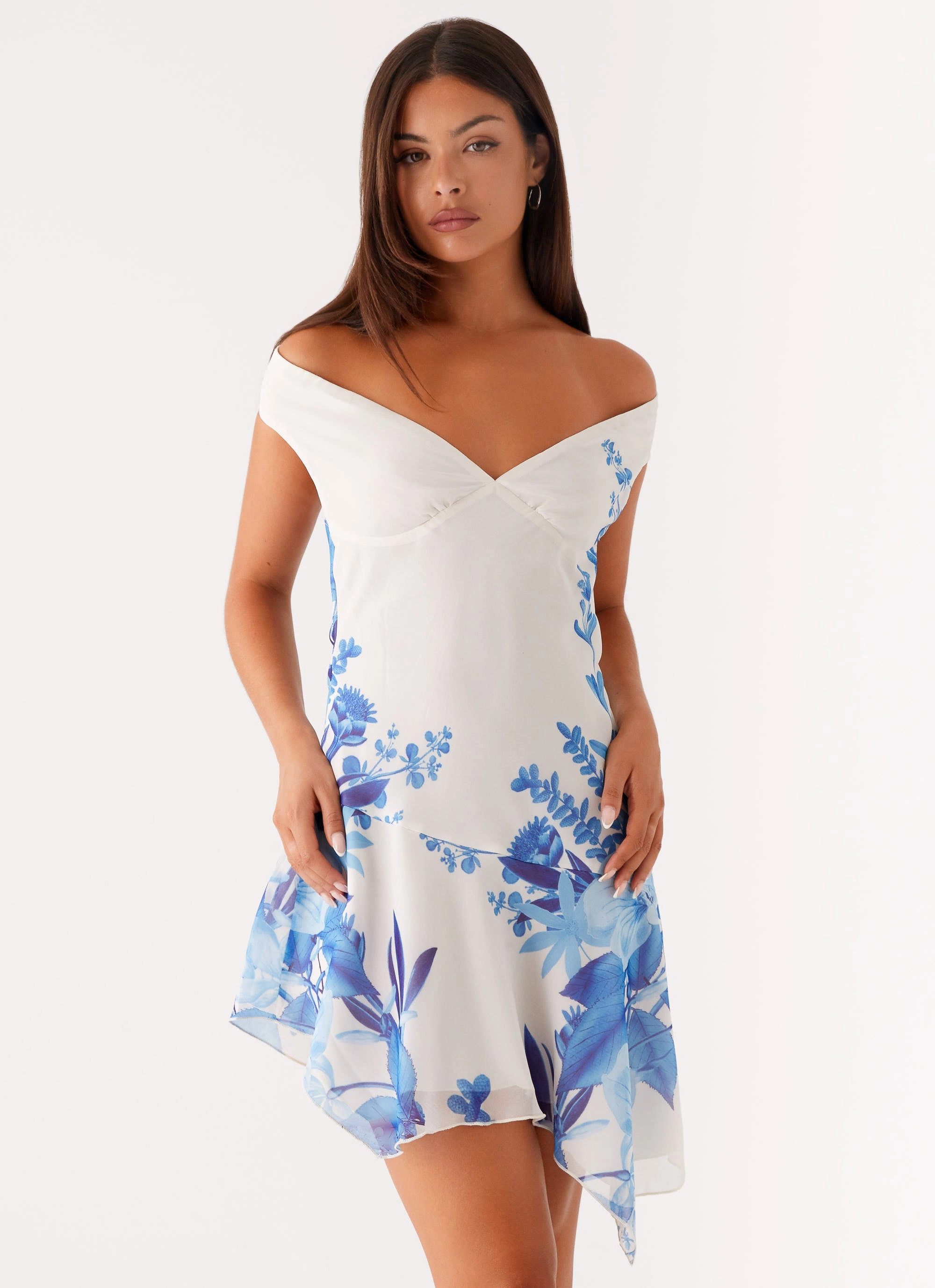 Alma Mini Dress - Blue Floral Print Flattering Look Fit Bridal-Shower