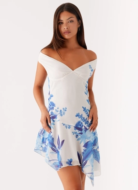 Alma Mini Dress - Blue Floral Print Flattering Look Fit Bridal-Shower