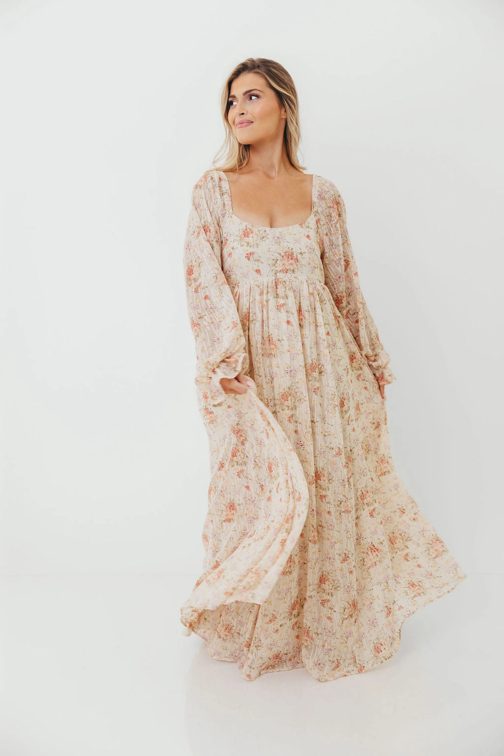 Inner lining Rosey Woven Floral Print Empire Maxi Dress in Cream Multi - Bump Friendly