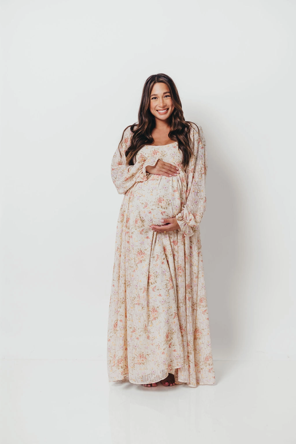 Vibrant Layer Sleek Flow Rosey Woven Floral Print Empire Maxi Dress in Cream Multi - Bump Friendly