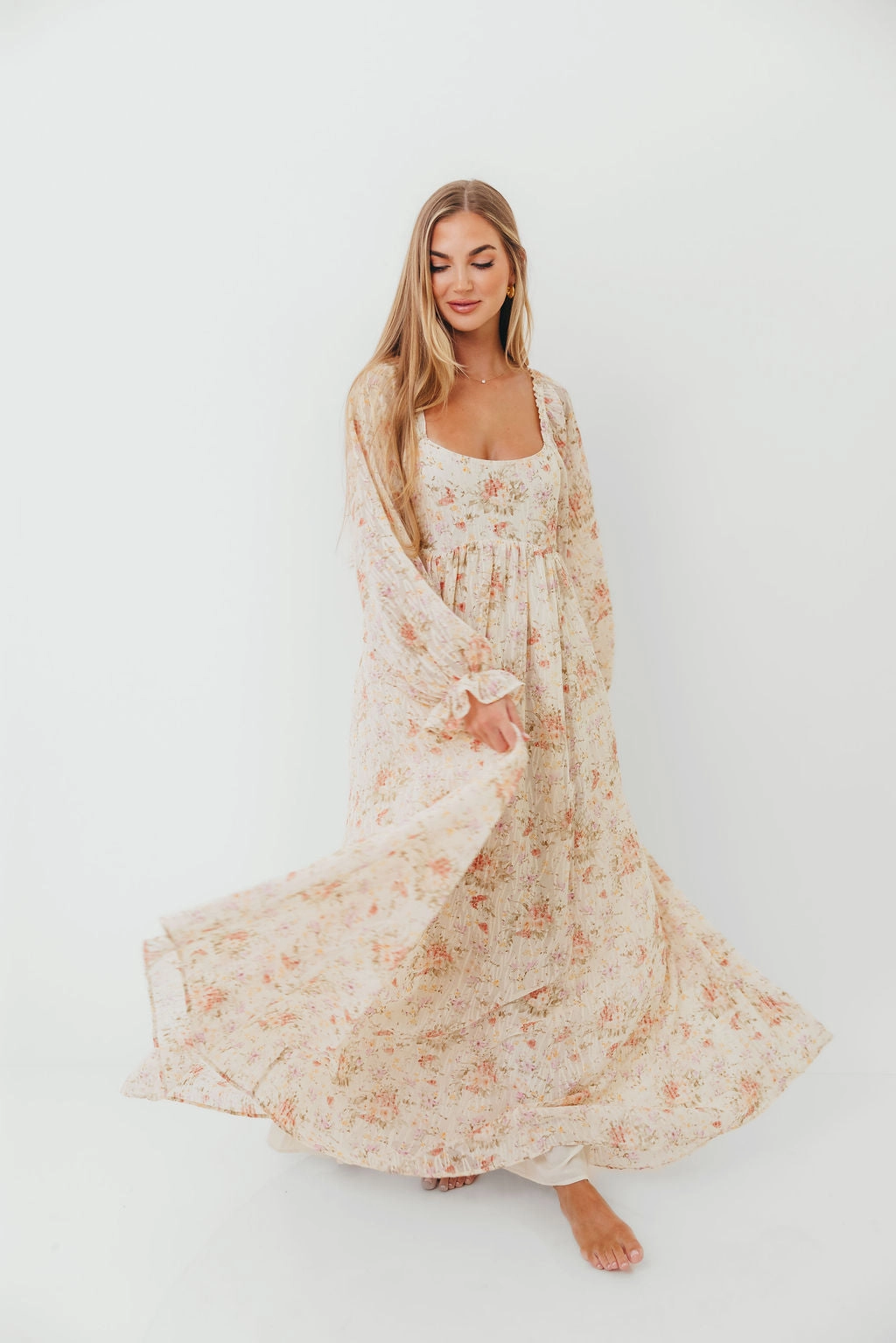 Rosey Woven Floral Print Empire Maxi Dress in Cream Multi - Bump Friendly Airy Weave Adjustable-Straps