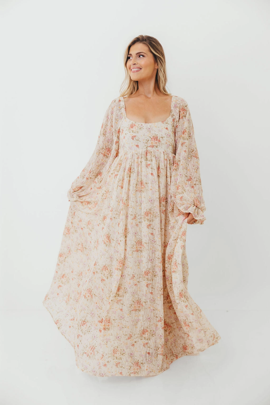 Rosey Woven Floral Print Empire Maxi Dress in Cream Multi - Bump Friendly Earth Colors Fresh Combo
