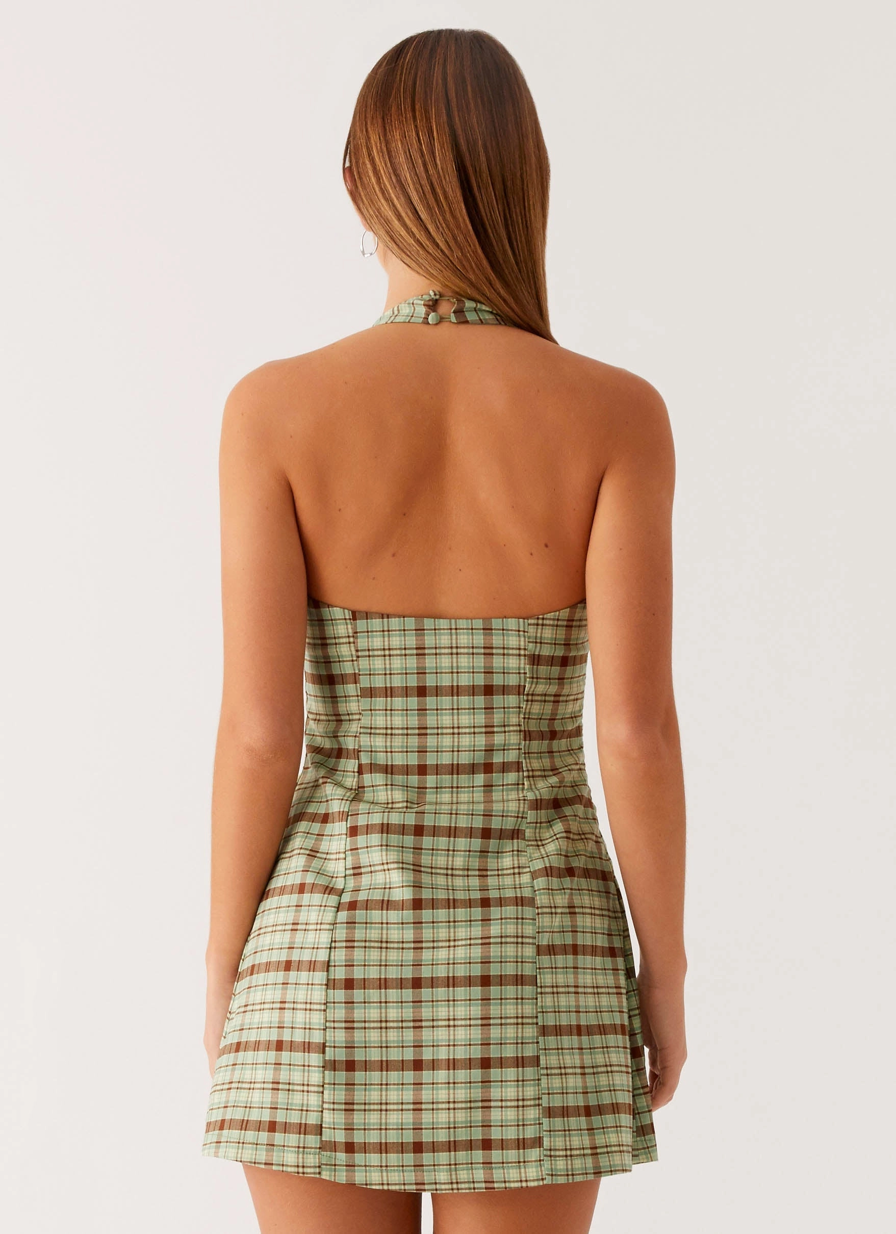 Dunia Halter Mini Dress - Forest Plaid Urban Favorite Comfortable and Chic