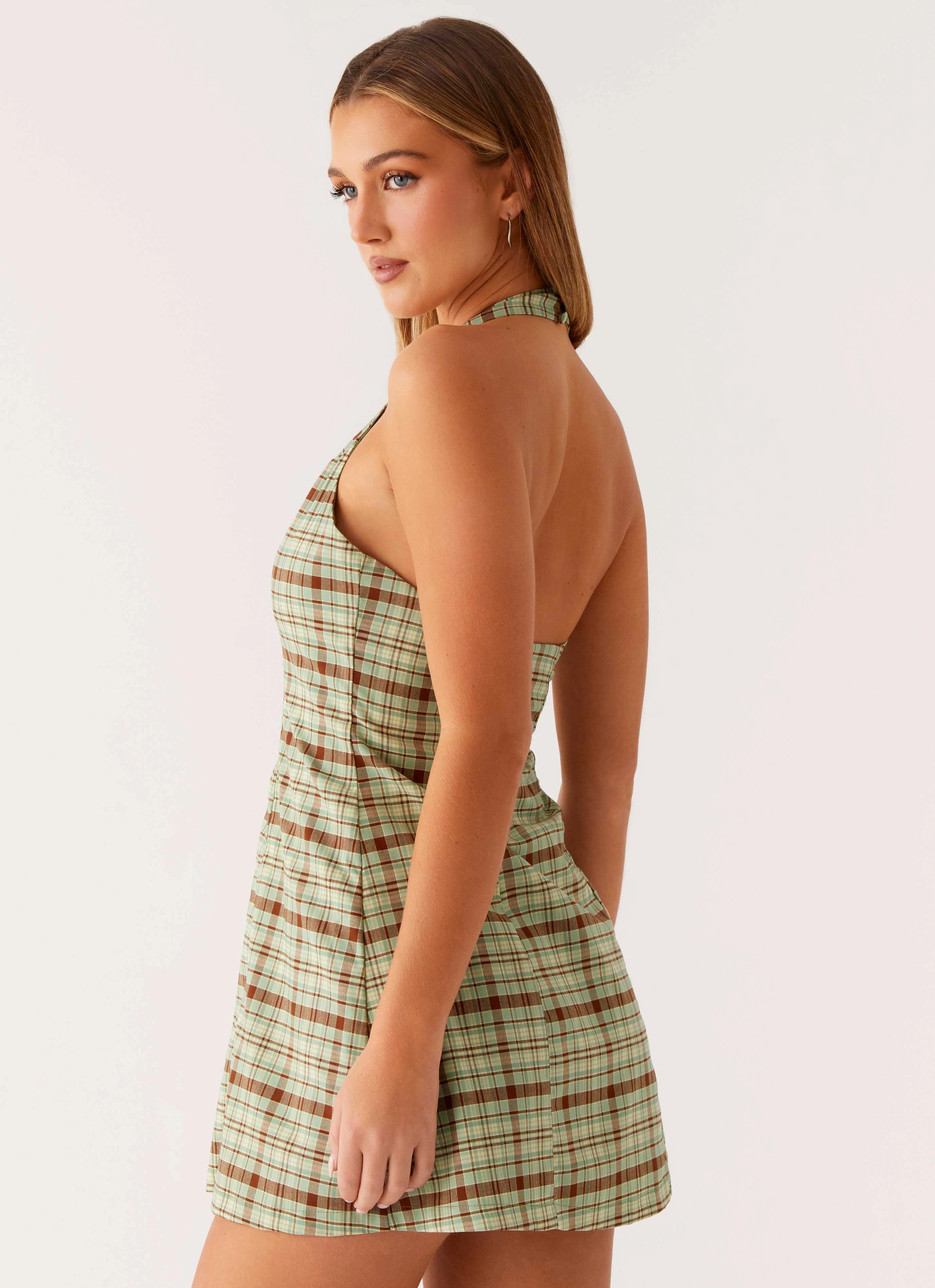 Dunia Halter Mini Dress - Forest Plaid Work Vibe
