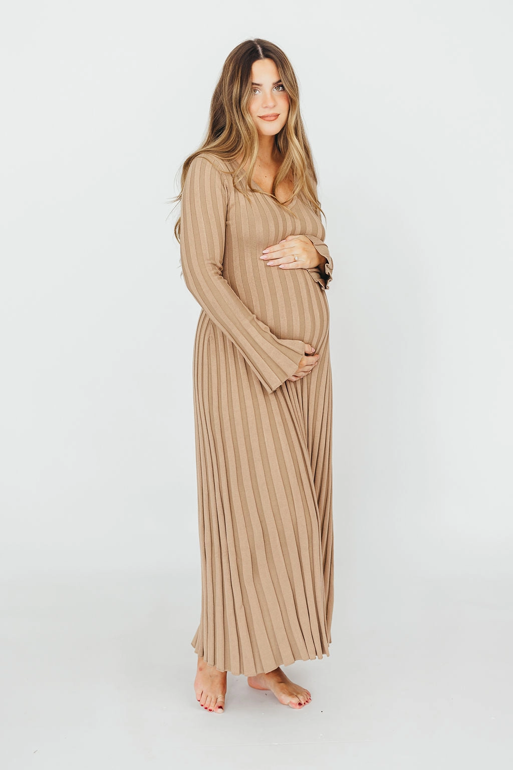 Hadley Long Sleeve V-Neck Knit Maxi Dress in Espresso Formal dinner wear Smooth Flow