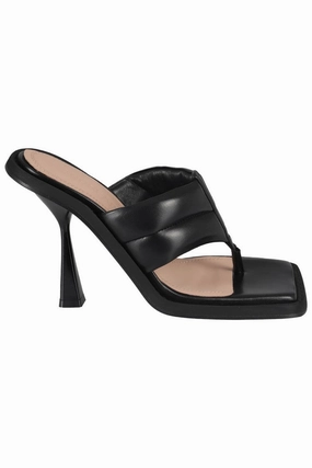 Relaxation Step Square Toe Padded Thong Mules In Black Leather