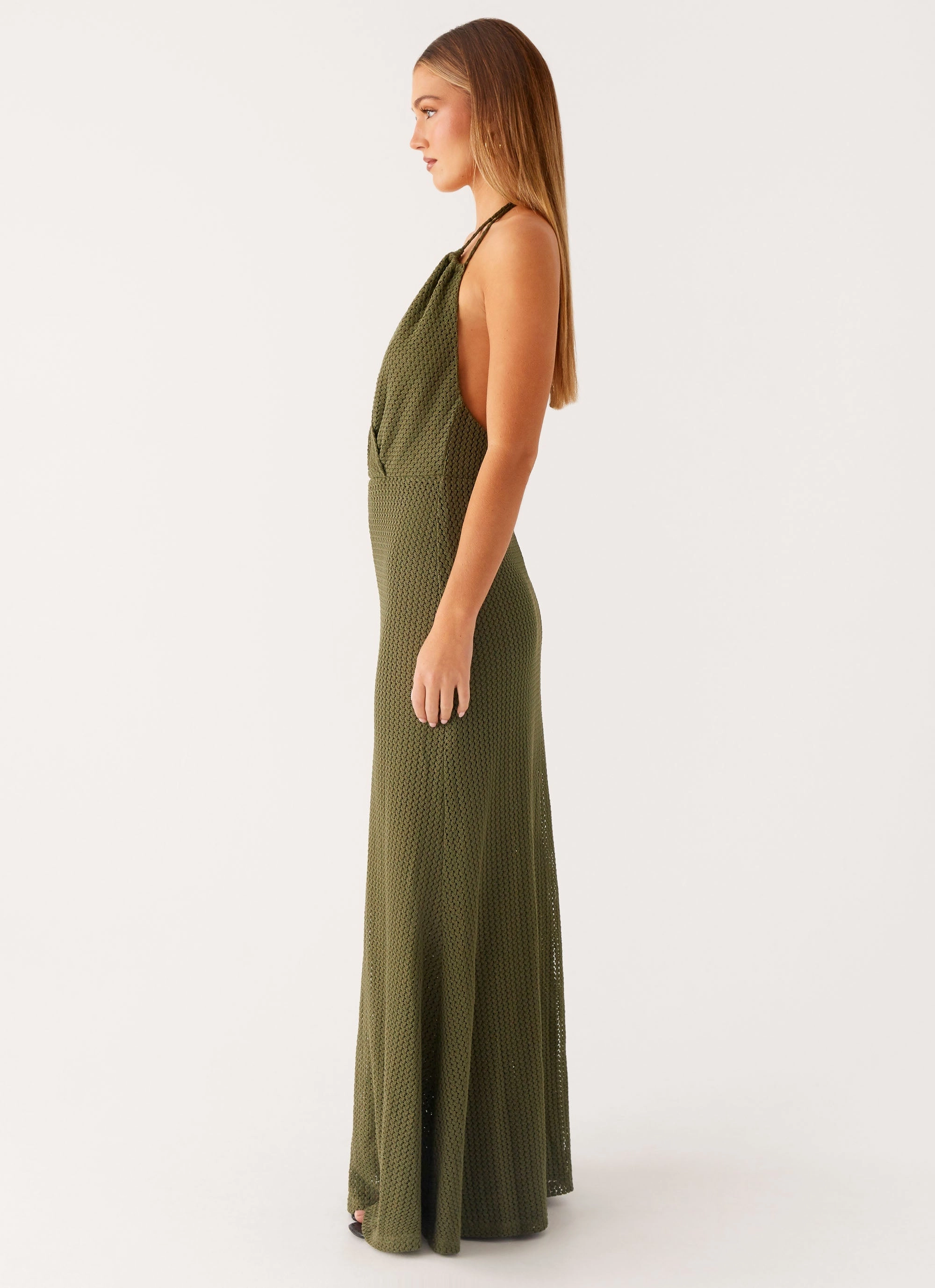 Velvet-Edge Visual Balance Thora Maxi Dress - Olive