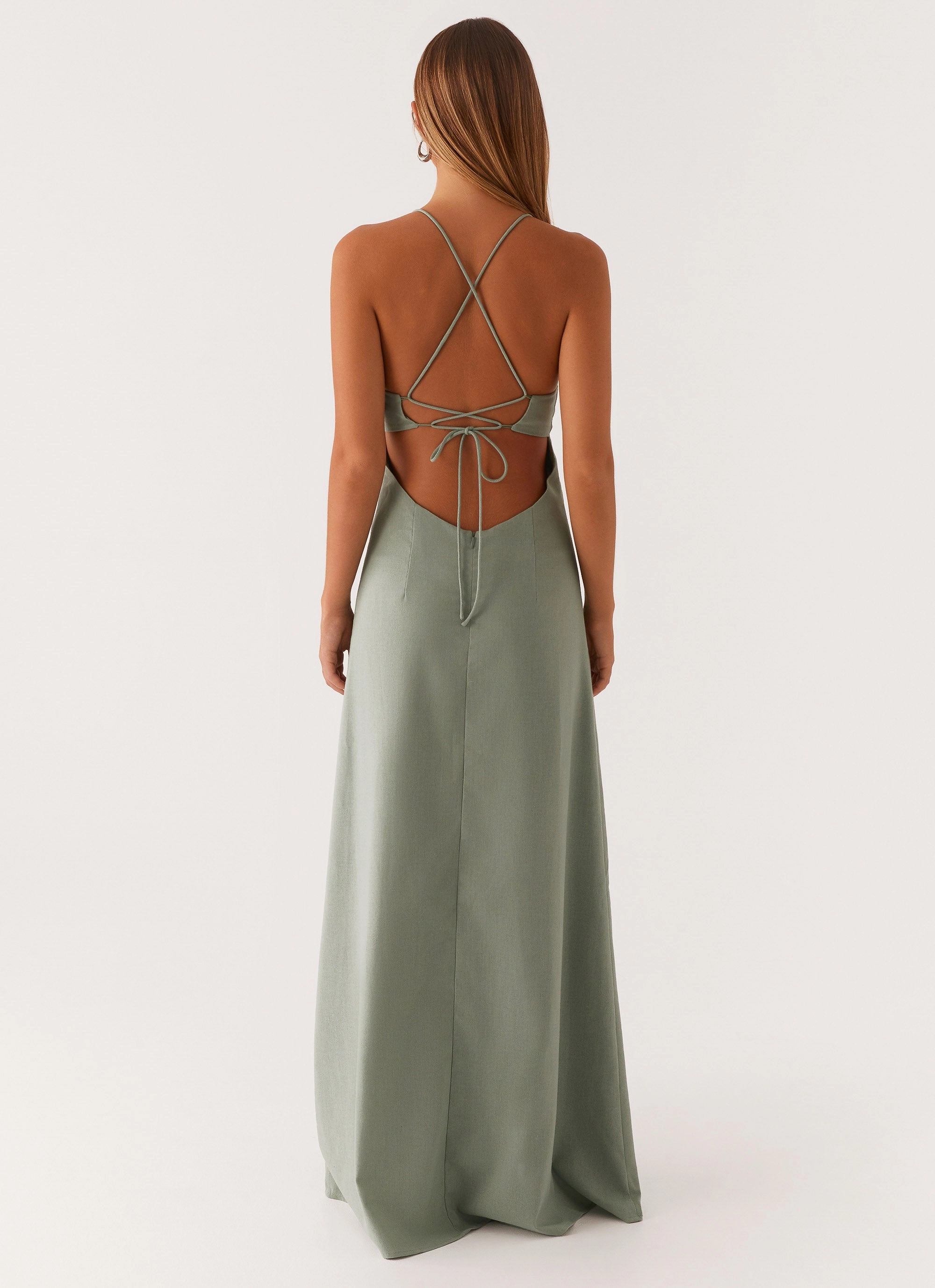 Pink Glow Daily Wear Middle Ground Linen Maxi Dress - Sage
