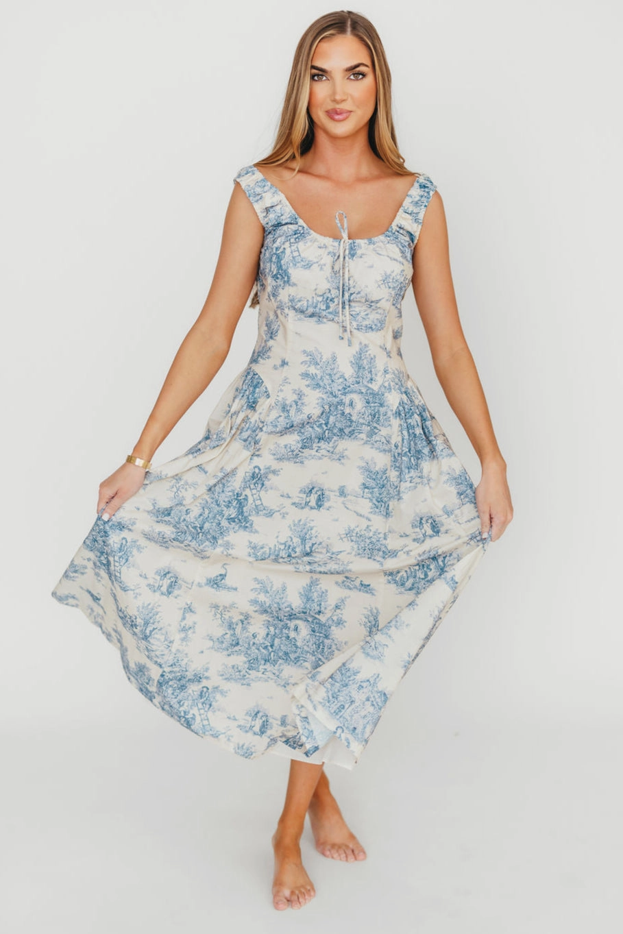 Urban Cool Skyla 100% Cotton Toile Midi Dress with Tie in Blue