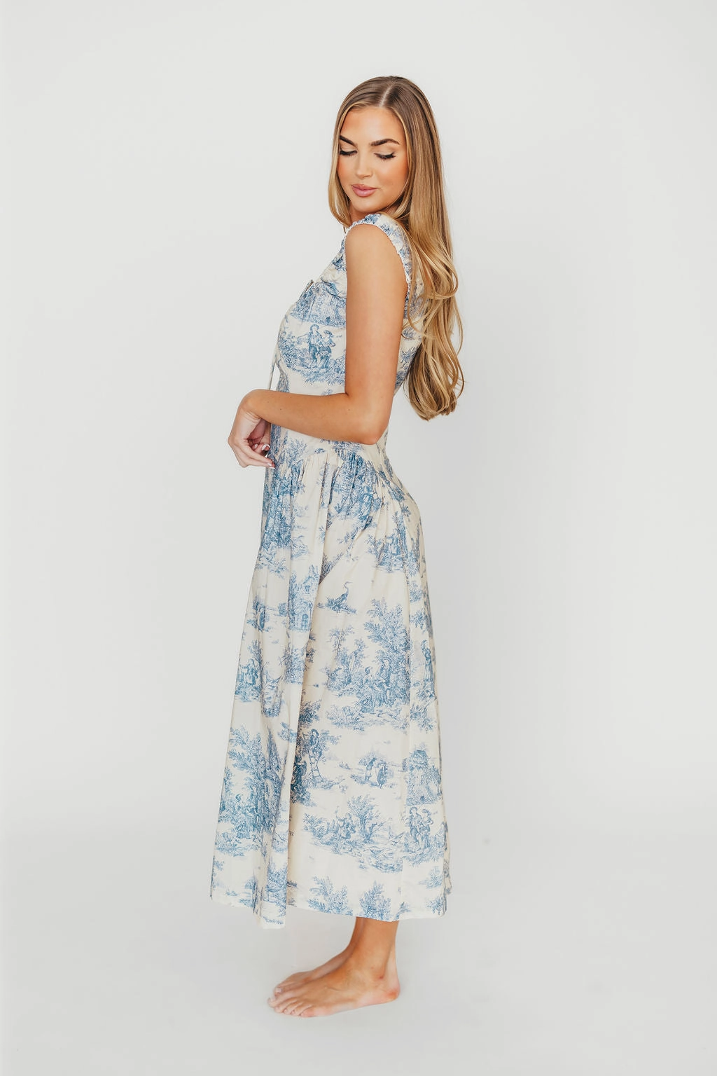 Skyla 100% Cotton Toile Midi Dress with Tie in Blue Urban Feel Balanced Texture
