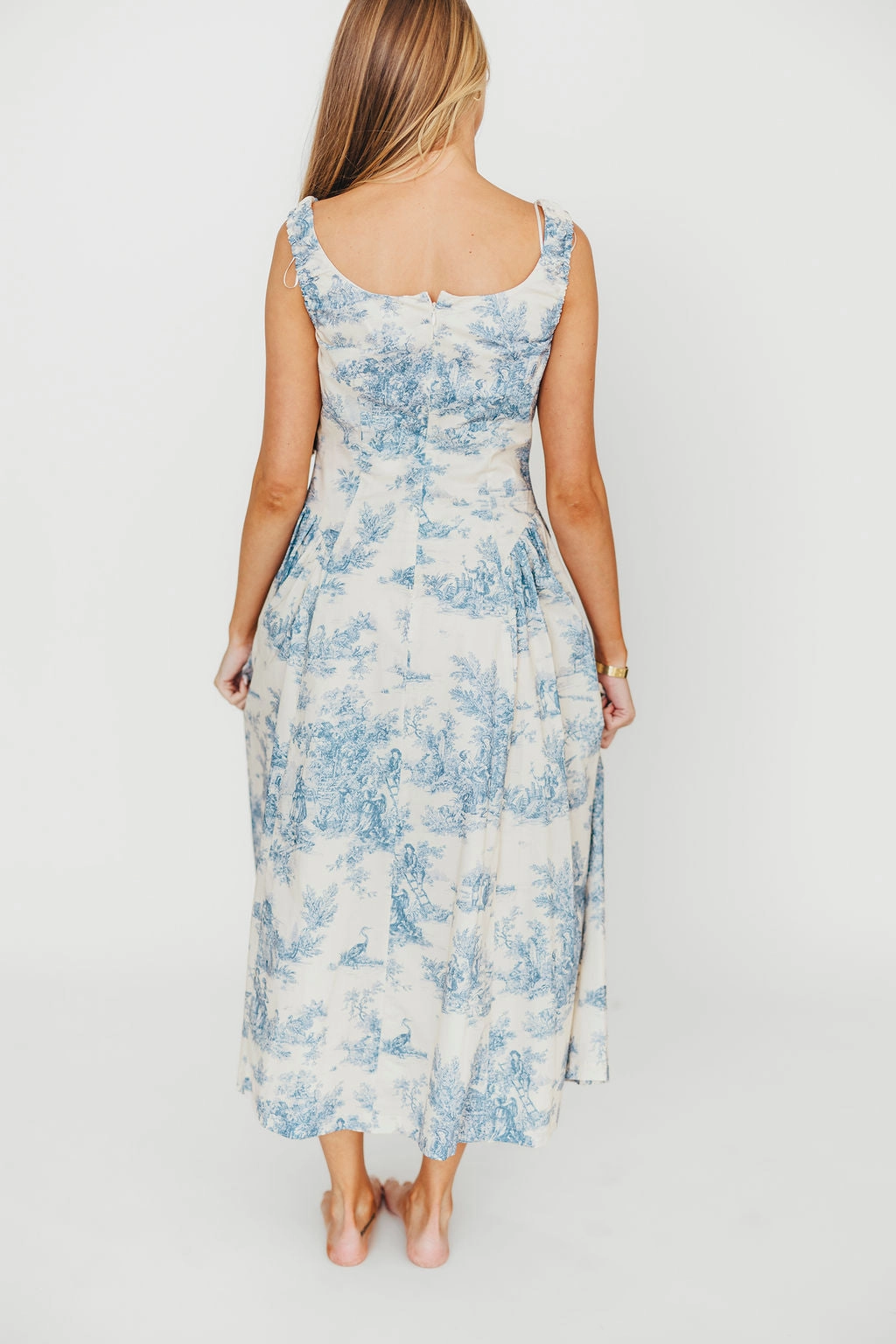 Skyla 100% Cotton Toile Midi Dress with Tie in Blue Timeless slip dress Crisp Texture